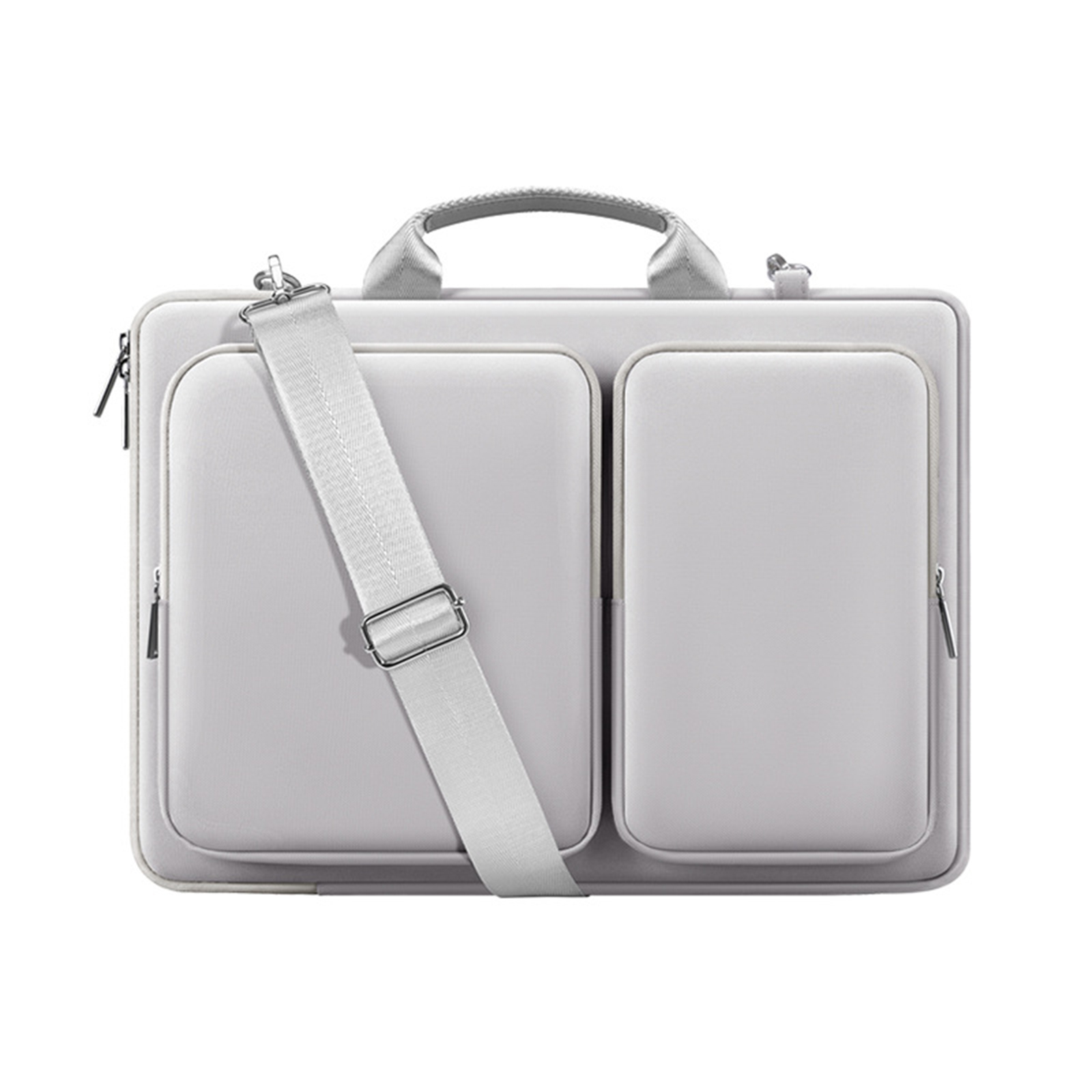 Eine hellgraue Laptoptasche mit Griff, Schultergurt und mehreren Reißverschlussfächern.