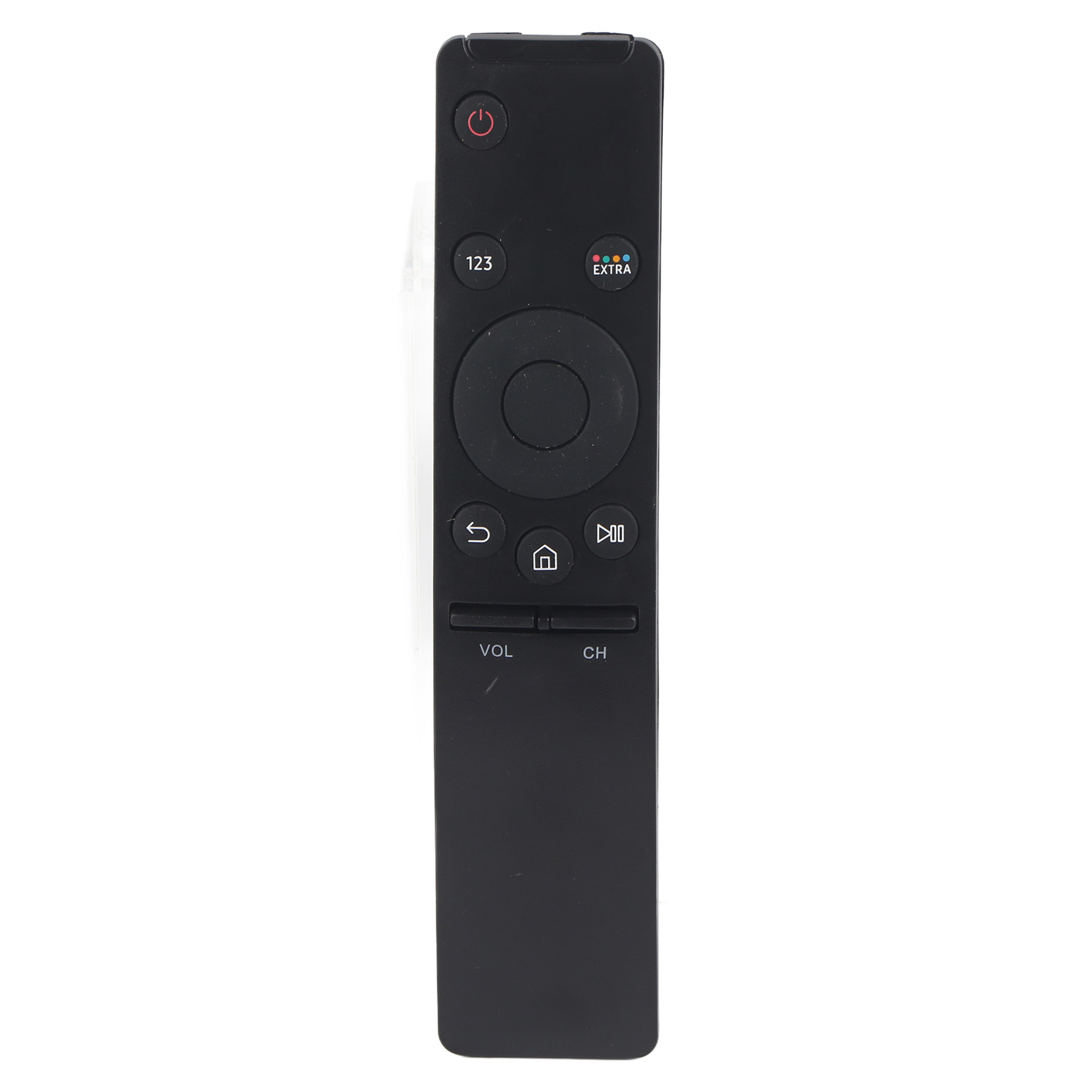 Eine schwarze Samsung-Fernbedienung. Sie hat mehrere Tasten für Strom, Lautstärke, Kanäle und Navigation.