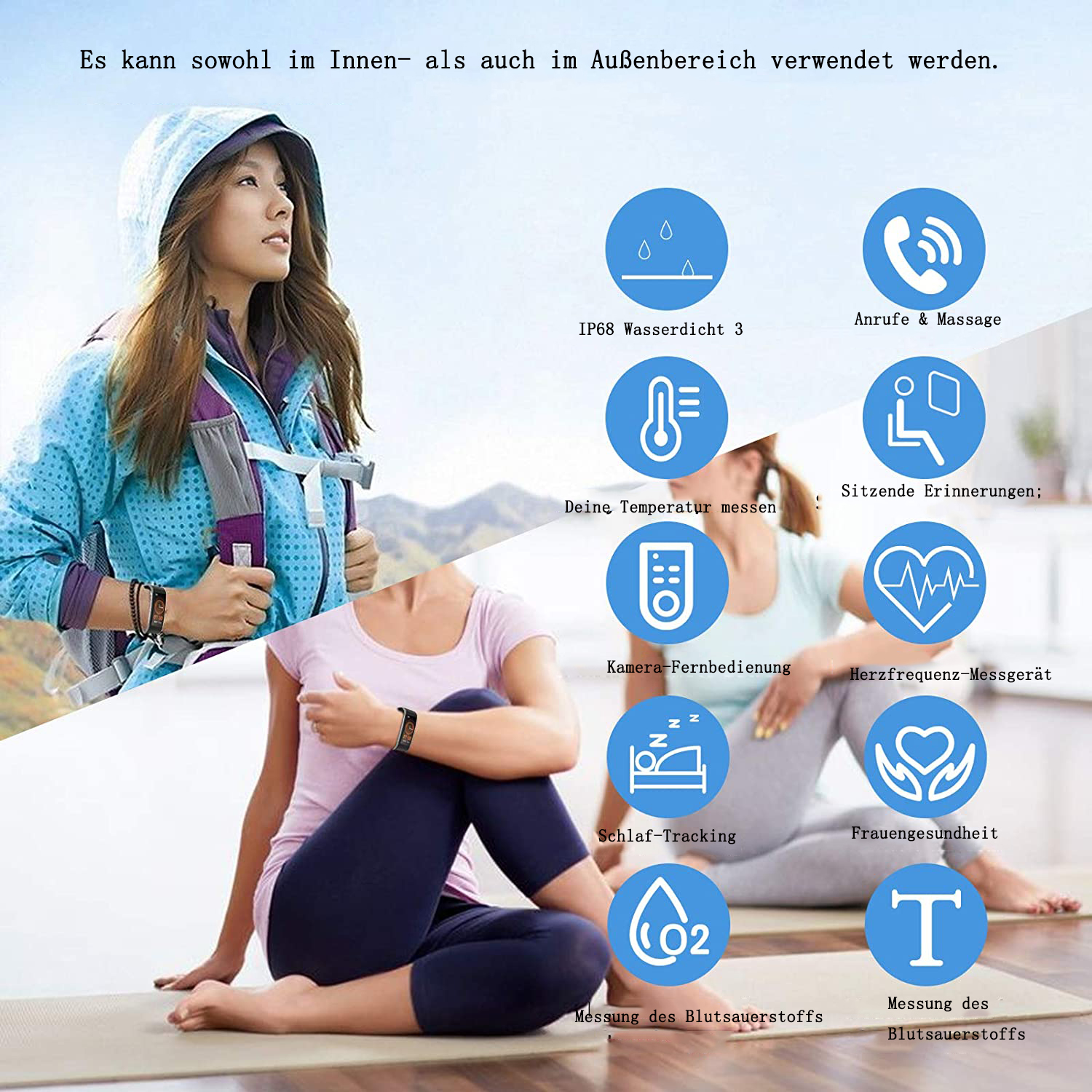 Zwei Frauen und eine Frau in der Mitte, tragen Smartwatches und Gesundheitsmerkmale.