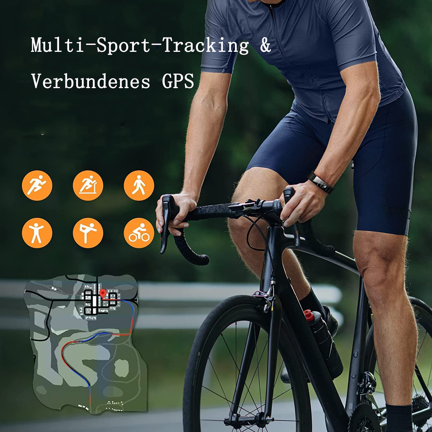 Ein Radfahrer in dunkler Kleidung. Grafiken zeigen Sport-Tracking- und GPS-Funktionen.