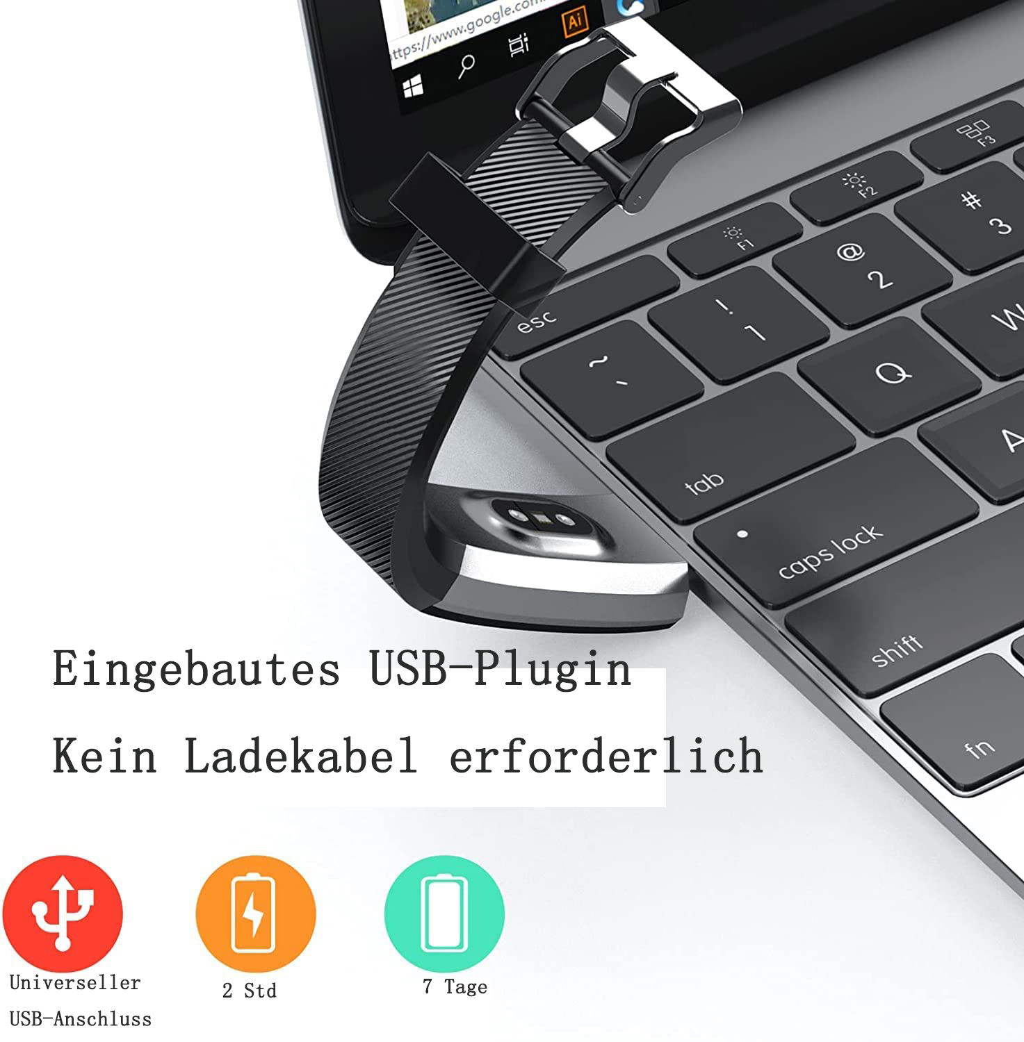 Laptop mit Smartwatch, die per USB aufgeladen wird. Text auf Deutsch: 'Eingebauter USB-Stecker'.