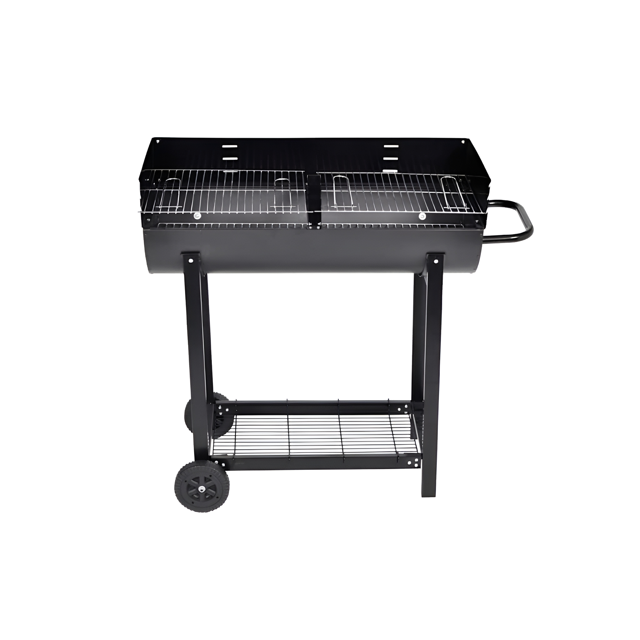 Schwarzer Außengrill auf Rädern. Der Grill hat eine doppelte Kochfläche.