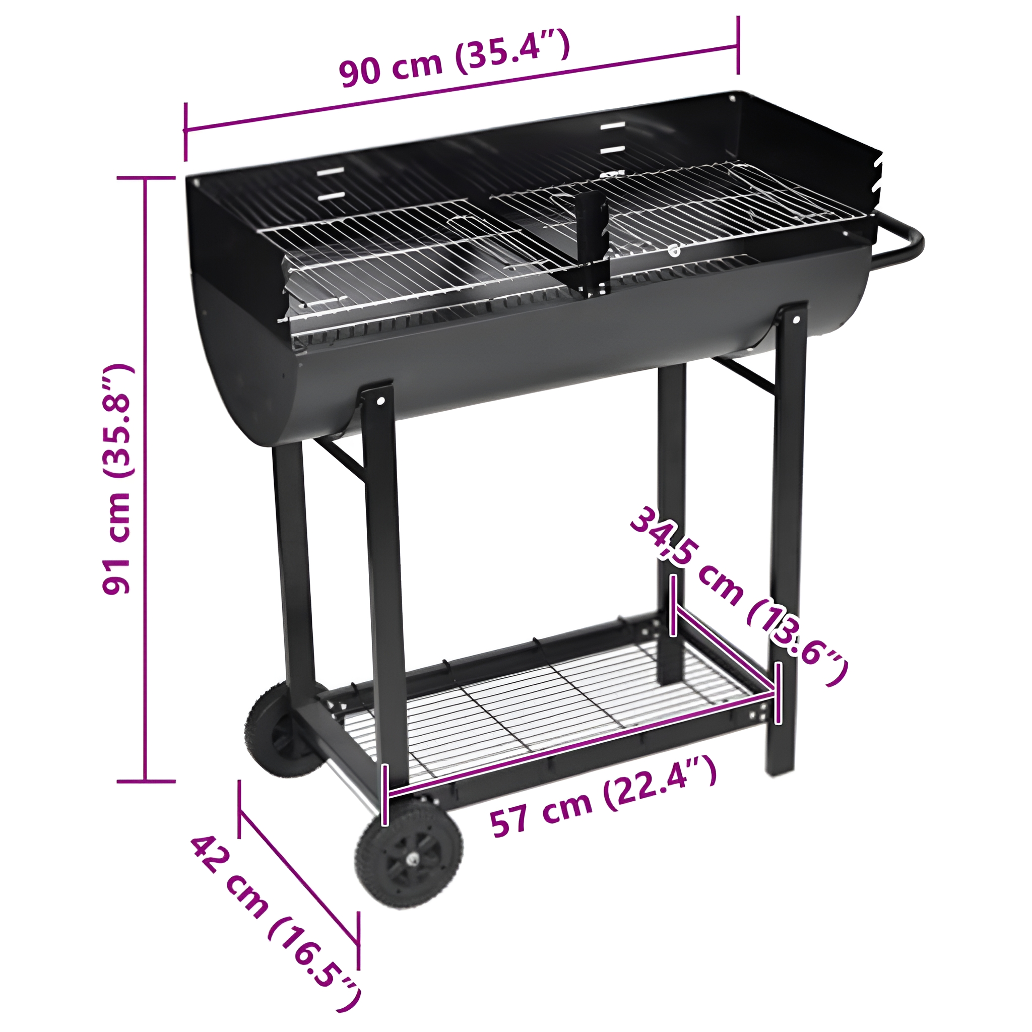 Schwarzer BBQ-Grill mit Messungen, einschließlich Abmessungen in cm und Zoll.