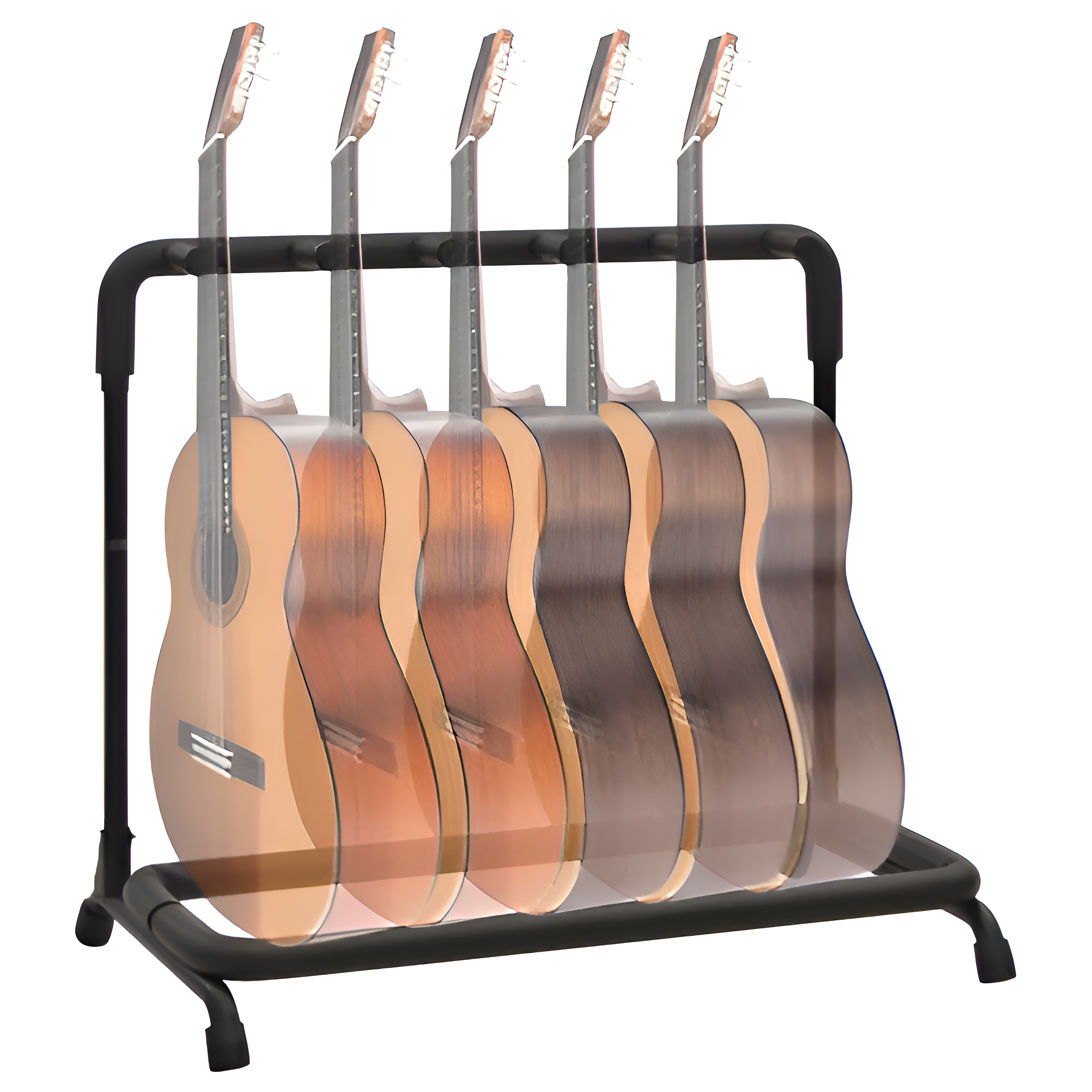 Gestell mit sechs Akustikgitarren, mit schwarzem Rahmen und weißem Hintergrund.