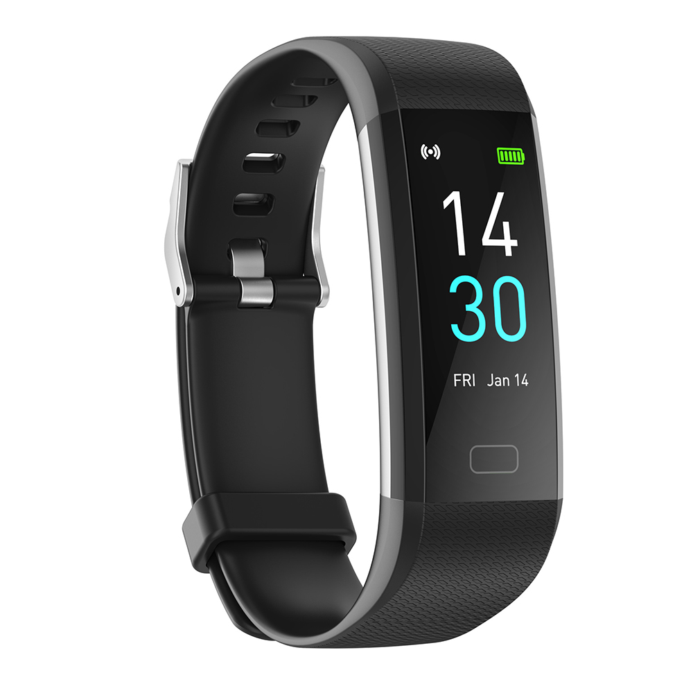 Ein schwarzer Fitnesstracker mit schwarzem Armband, der Uhrzeit und Akkustand anzeigt. Das Datum ist sichtbar.