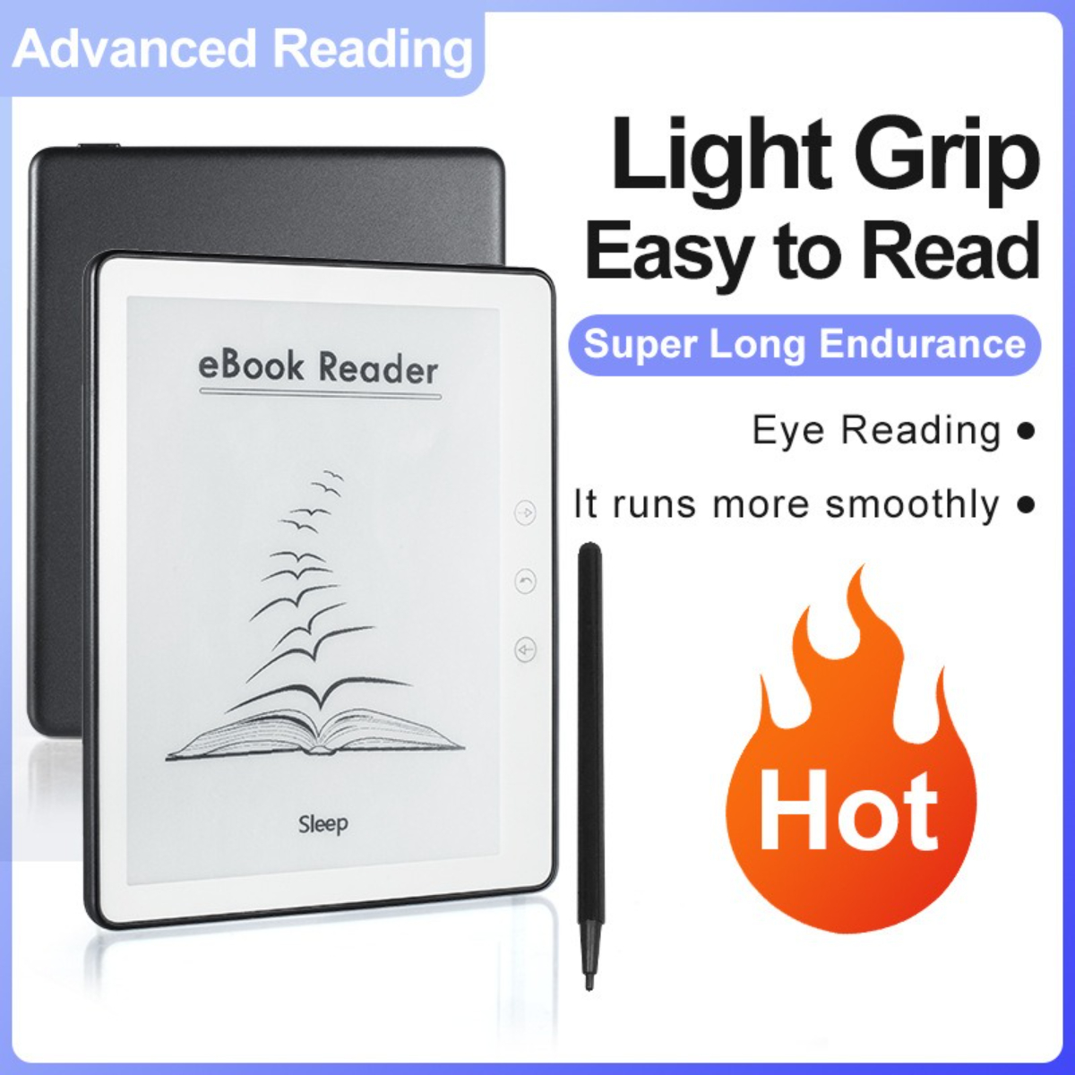 E-Reader mit Text und Stift. Text lautet 'eBook Reader'. Hot-Zeichen.