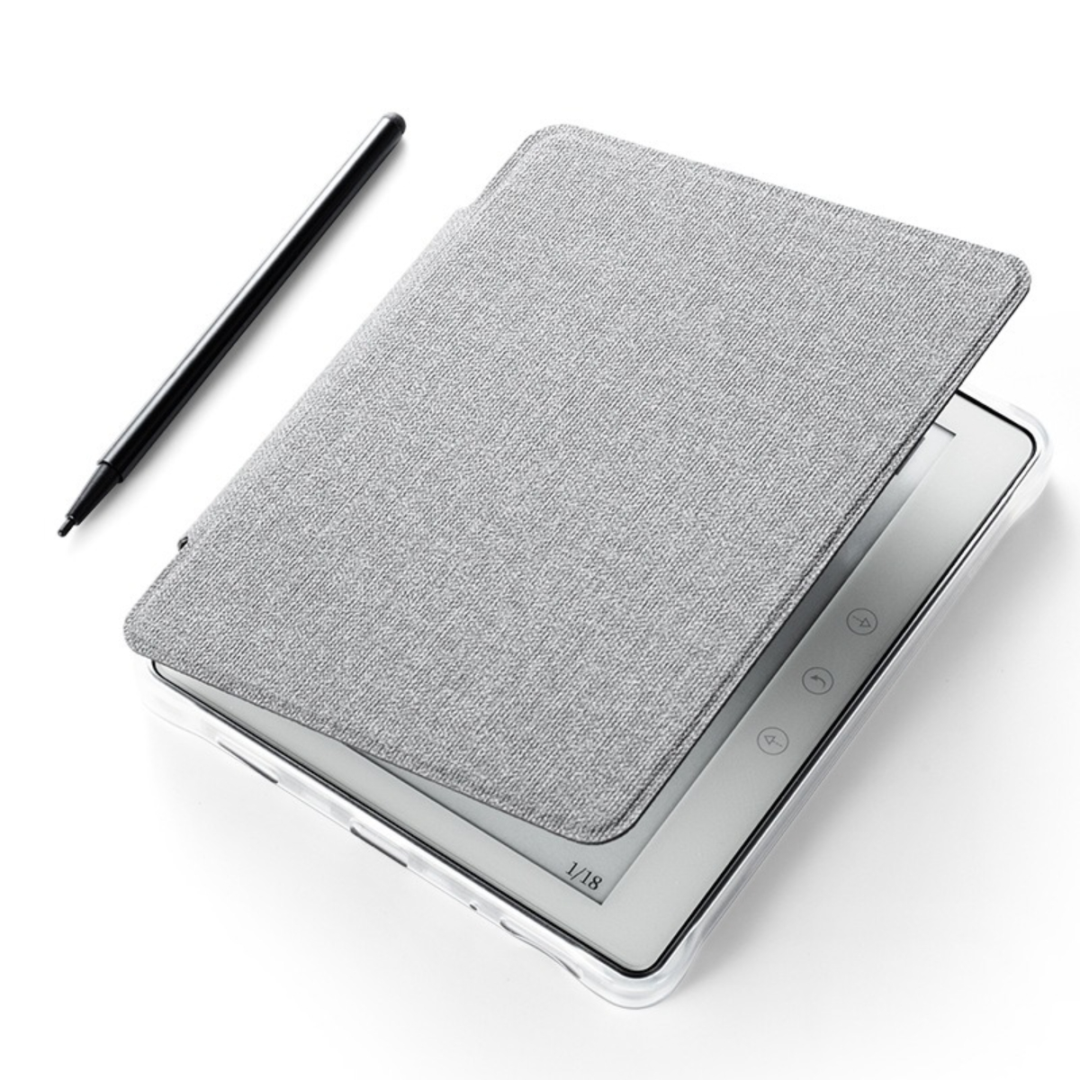 E-Reader in grauem Etui mit Stift. Das Etui ist offen, der E-Reader ist sichtbar.