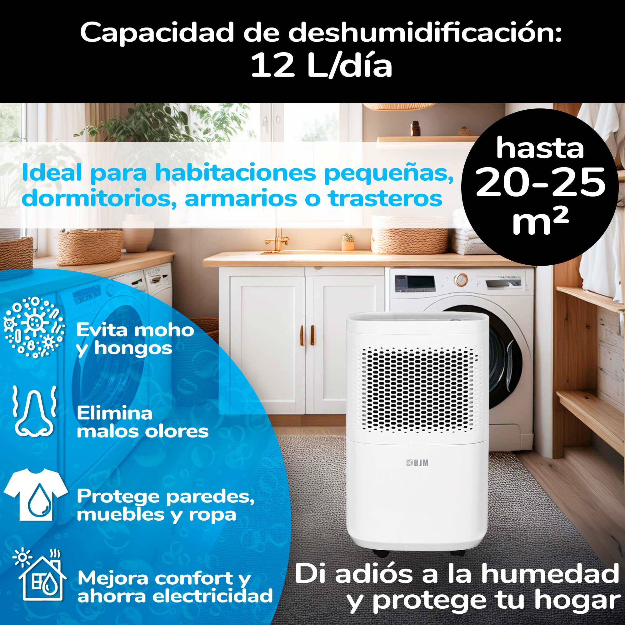 Imagen de un deshumidificador con texto sobre sus características, incluyendo lucha contra el moho y mejora del confort.