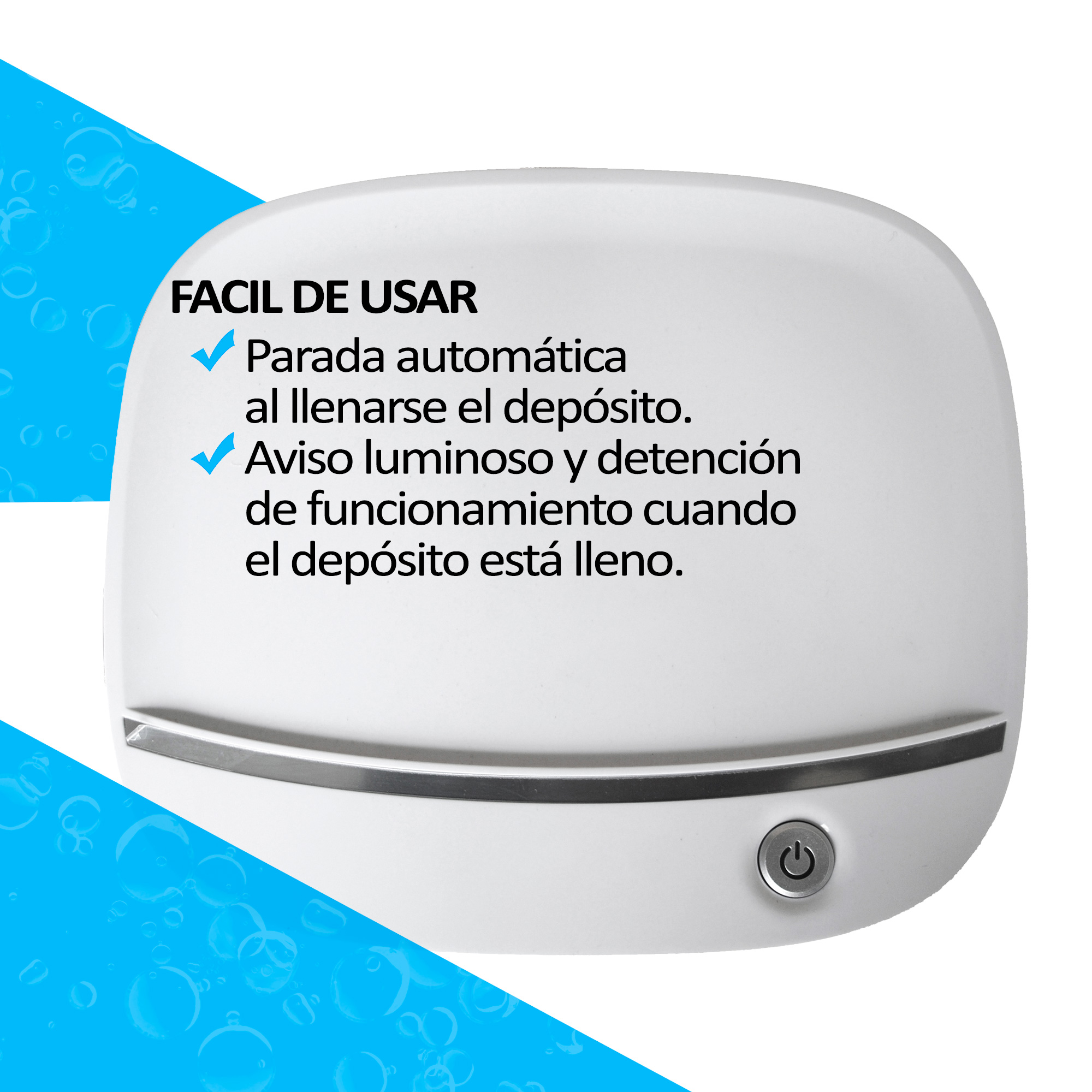 Un dispositivo blanco con un botón de encendido. El texto indica parada automática cuando está lleno y una advertencia luminosa.