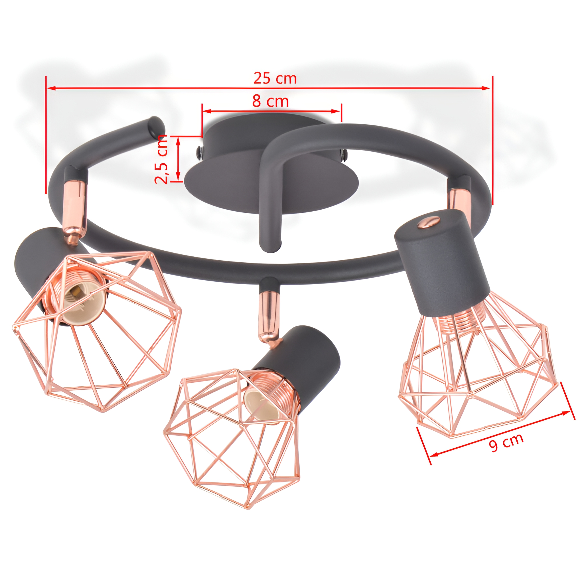 Schwarze Deckenlampe mit drei Lichtern, jeweils mit kupferfarbenem Drahtkäfigschirm.