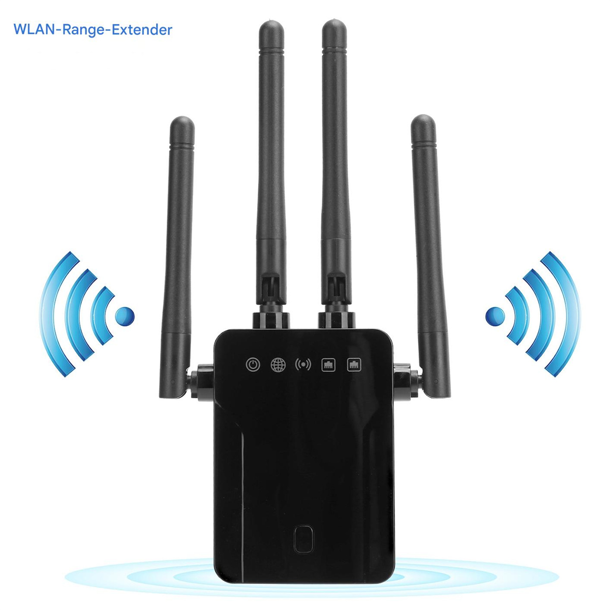 Schwarzer Range Extender mit vier Antennen und blauen WLAN-Symbolen auf weißem Grund.