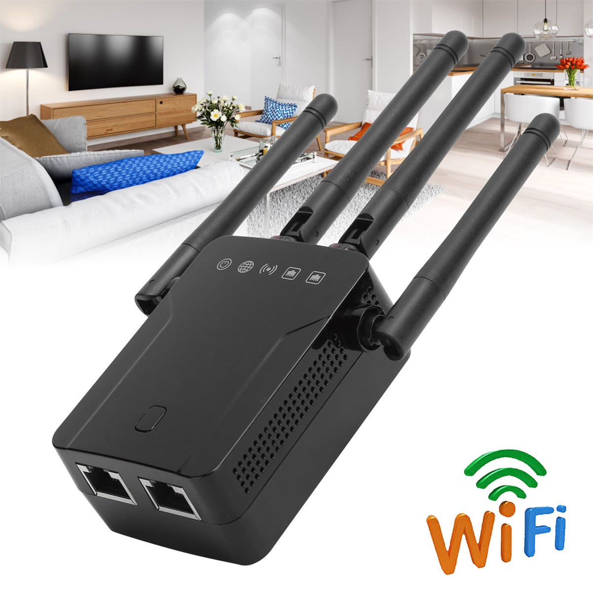 Schwarzer WLAN-Repeater mit Antennen. Im Hintergrund ein Wohnzimmer.