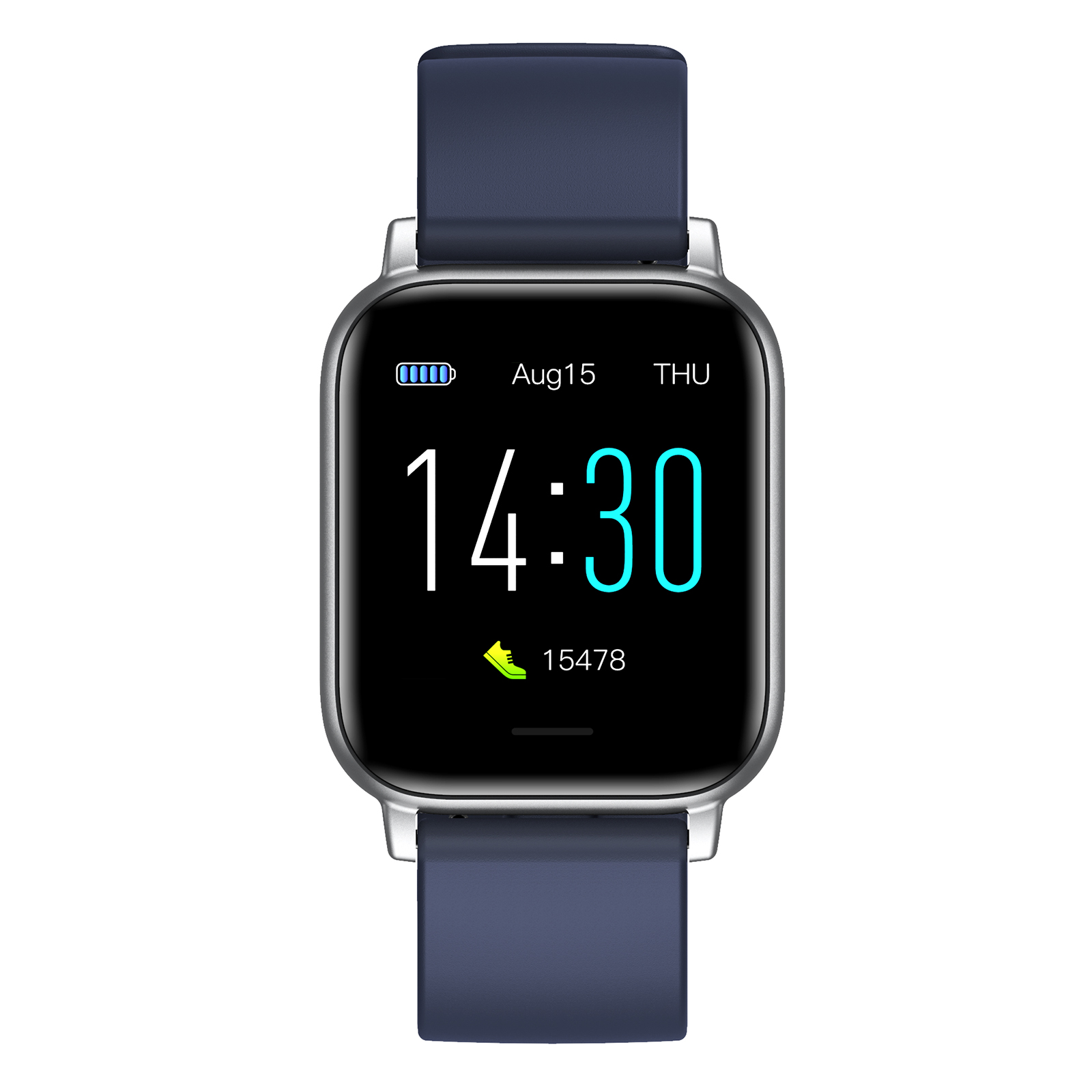 Smartwatch mit blauem Armband. Der Bildschirm zeigt Uhrzeit, Datum und Schritte. Die Uhr ist silber.