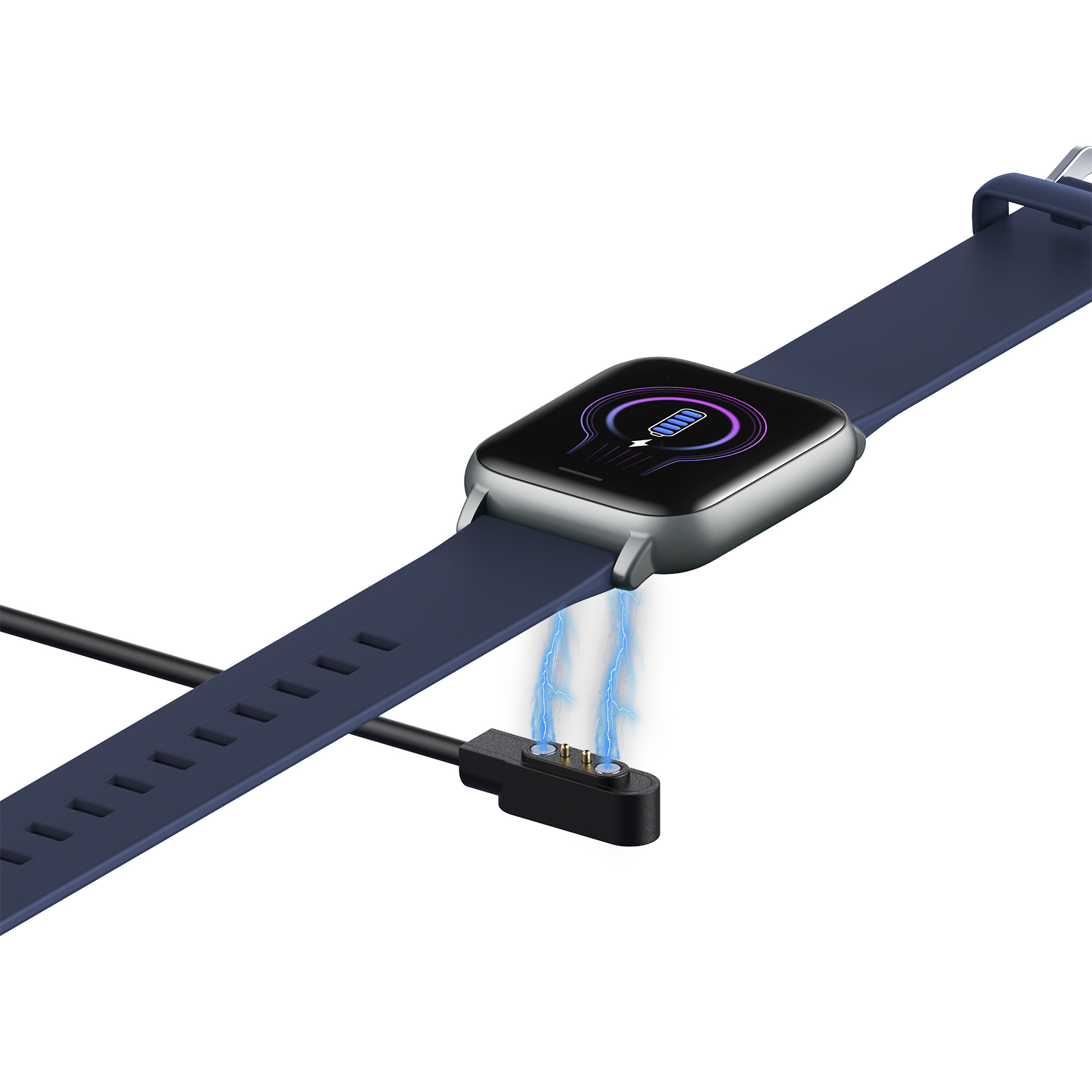 Eine Smartwatch mit blauem Armband und einer Ladestation mit elektrischen Anschlüssen.