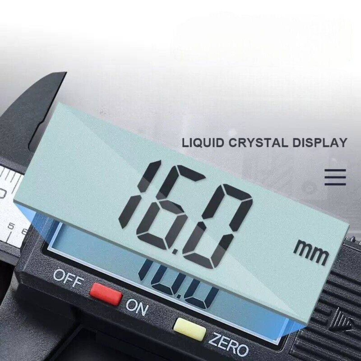 Ein digitales Messschieberdisplay zeigt 16,0 mm an. Es hat eine gelbe und eine grüne Taste.