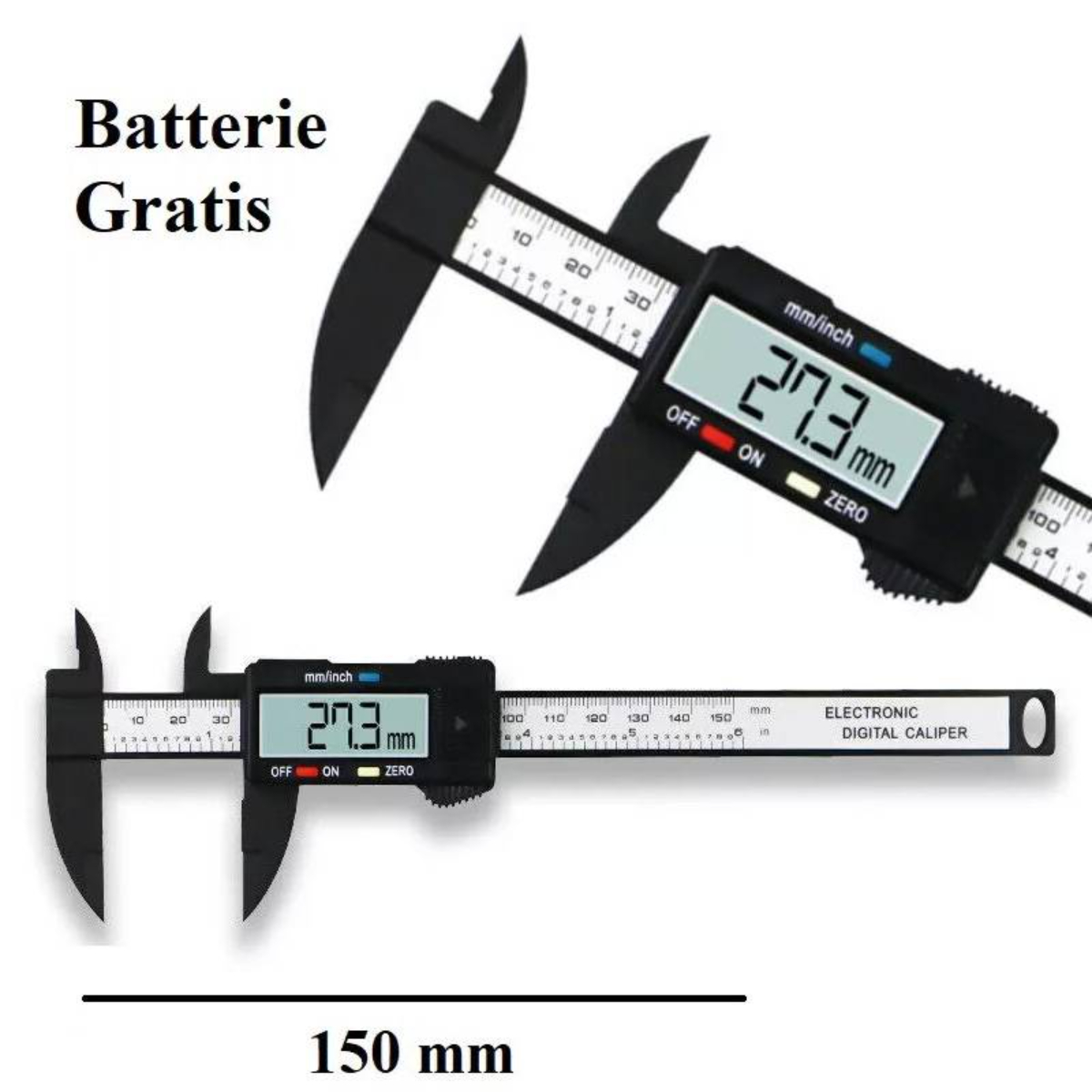 Schwarzer Digital-Messschieber, zeigt 27,3 mm an. Batterie enthalten. Zwei Messschieber sind abgebildet.