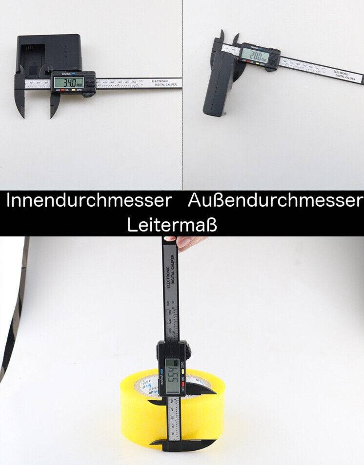 Drei Bilder eines digitalen Messschiebers. Eines zeigt ein Maßband und den Messschieber beim Messen.