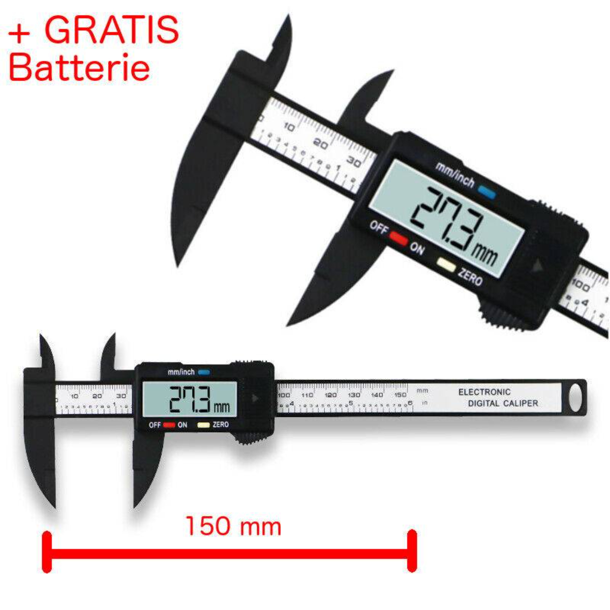 Ein digitaler Messschieber. Der Bildschirm zeigt 27,3 mm an. Es zeigt das Maß in mm und Zoll an.