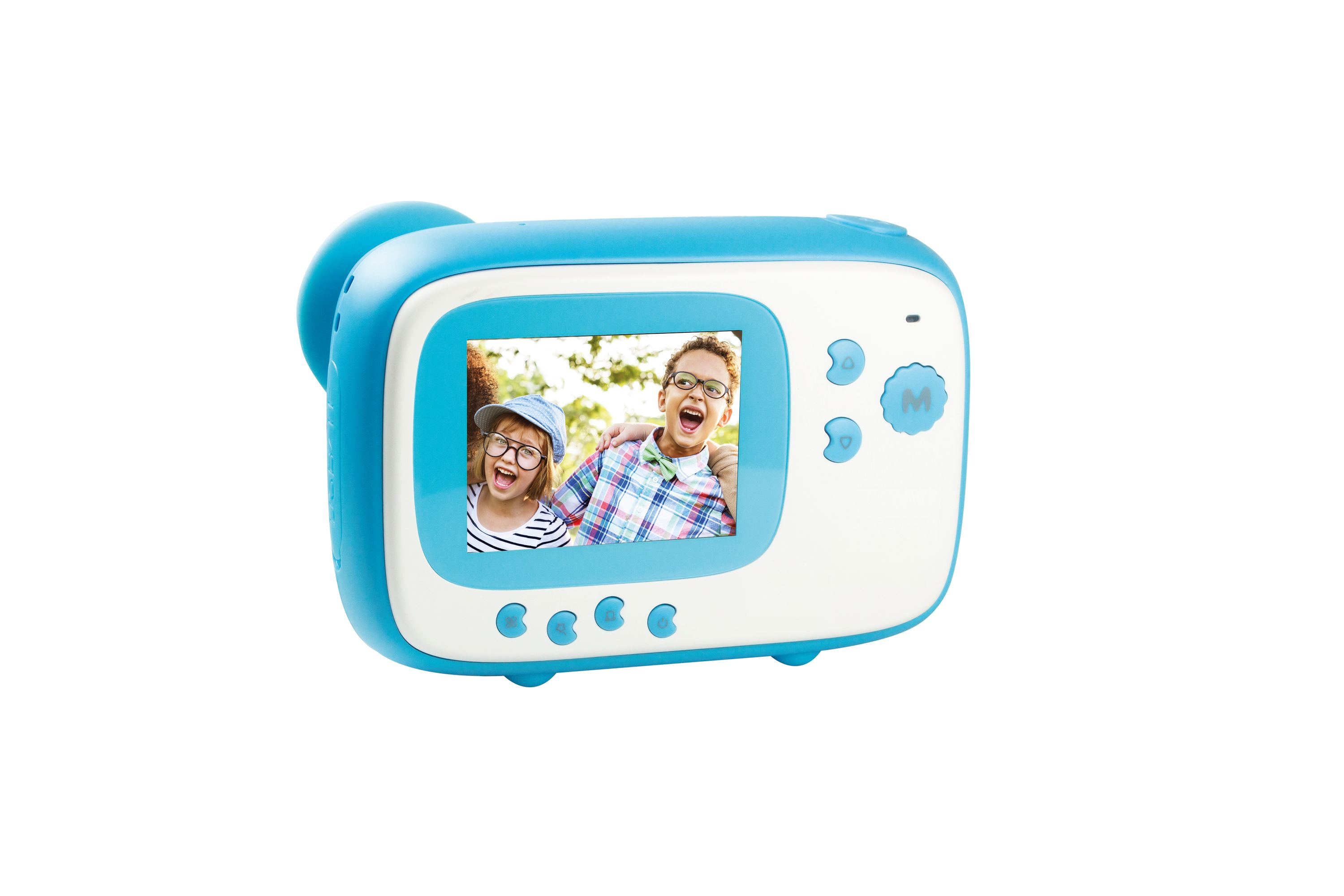 Niebiesko-biały aparat zabawka wyświetlający zdjęcie dwójki uśmiechniętych dzieci w okularach.