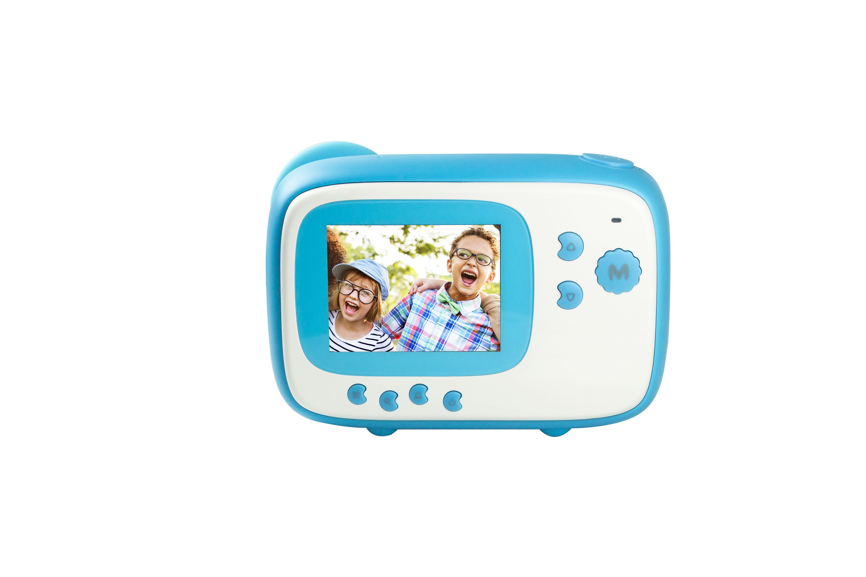 Niebiesko-biały aparat zabawka z ekranem pokazującym dwoje dzieci. Ma przyciski i jest na białym tle.