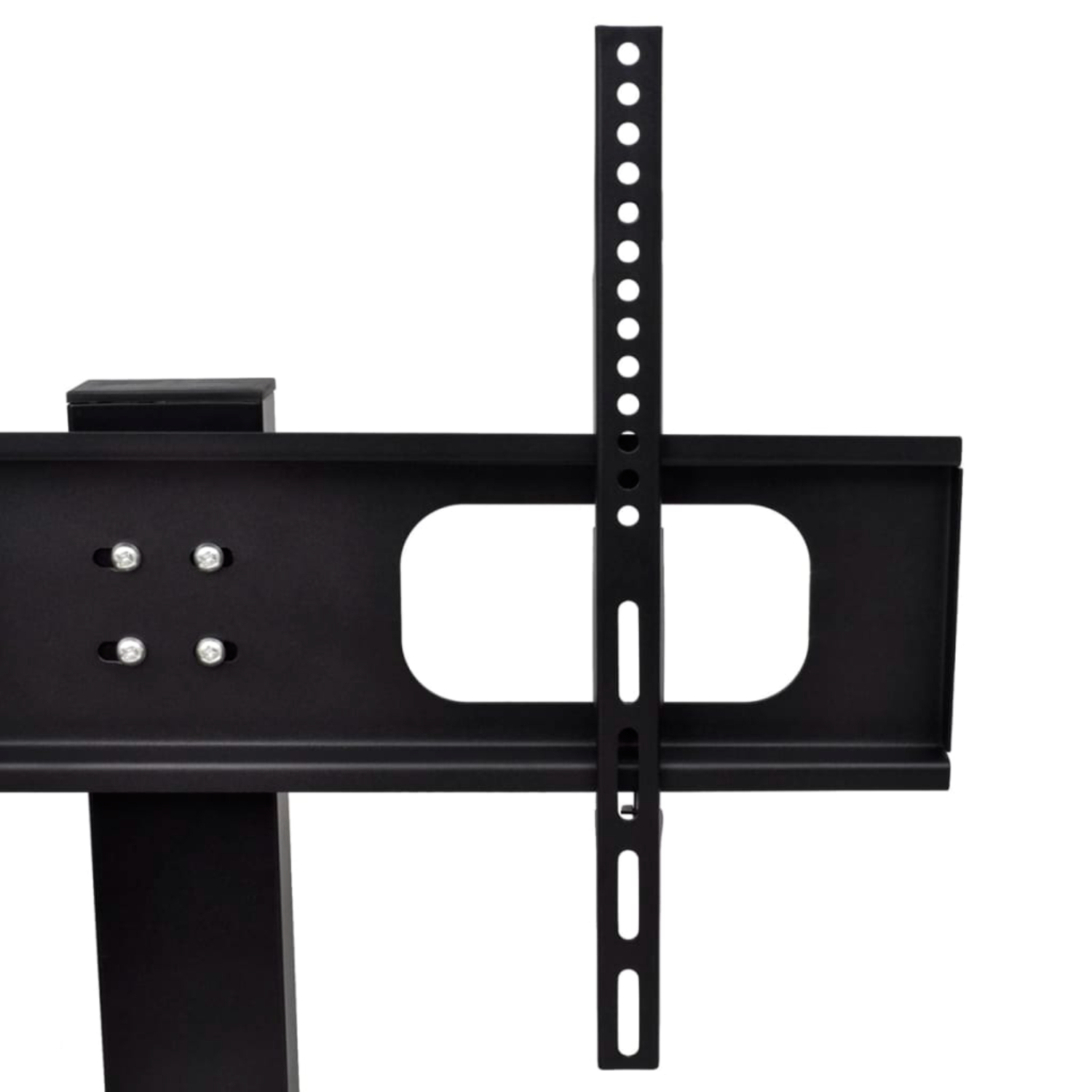 Eine schwarze Metall-TV-Ständerhalterung vor weißem Hintergrund mit Befestigungspunkten.