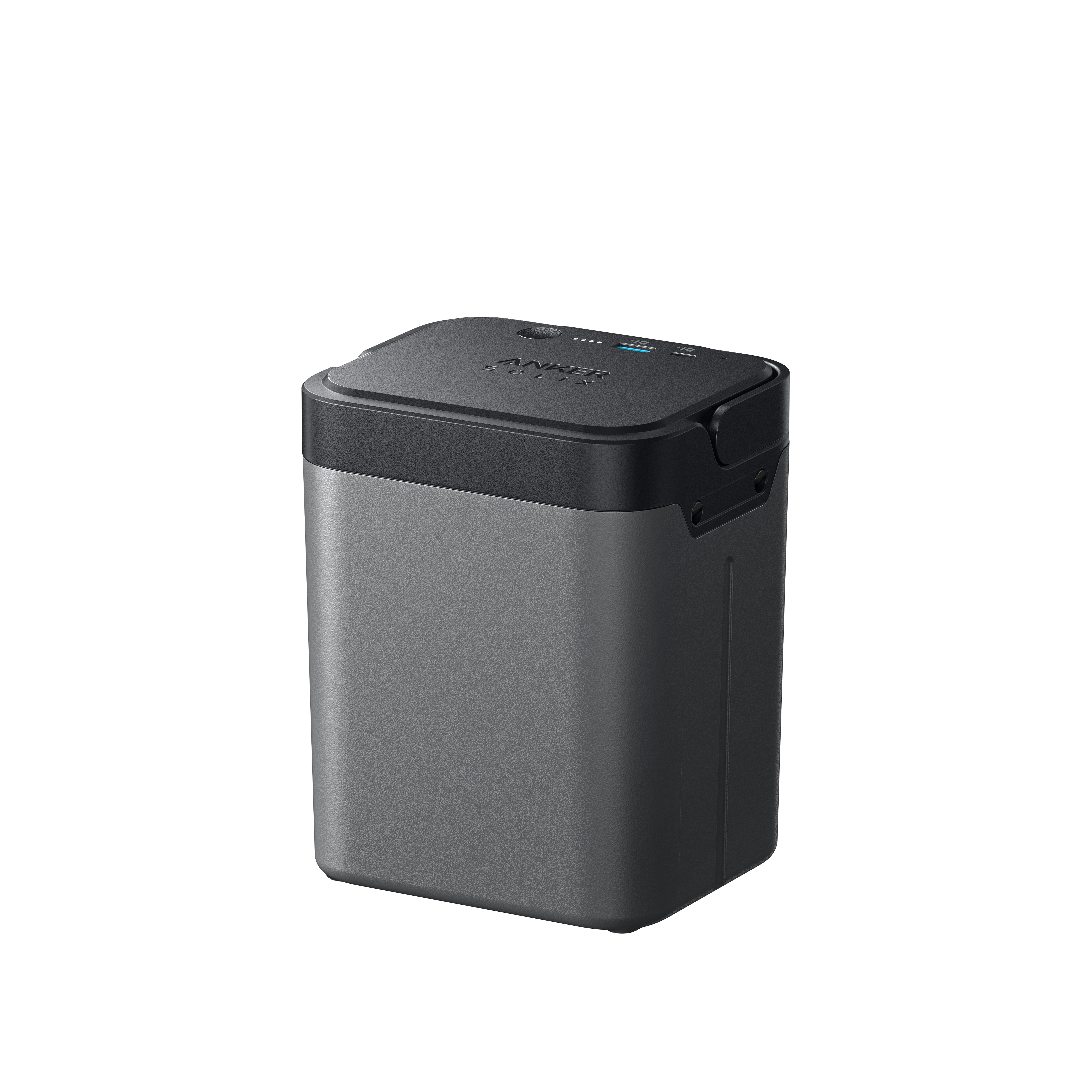 Szary power bank Anker, czarna góra, na białym tle. Prosty, kwadratowy design.