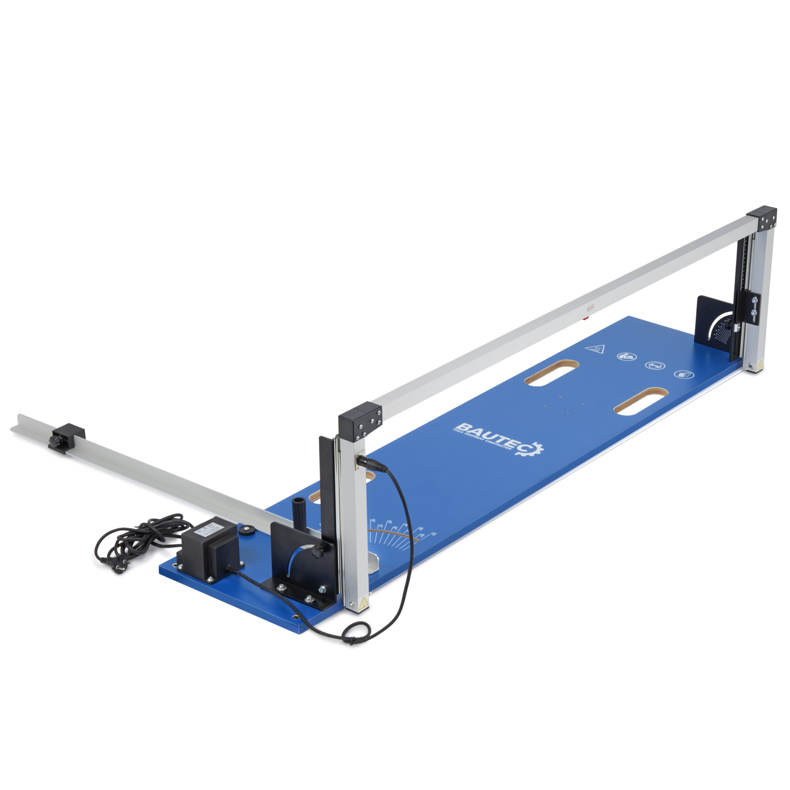 Eine blaue Schneidemaschine mit Klinge und Metallführung. Sie steht auf einer weißen Oberfläche.