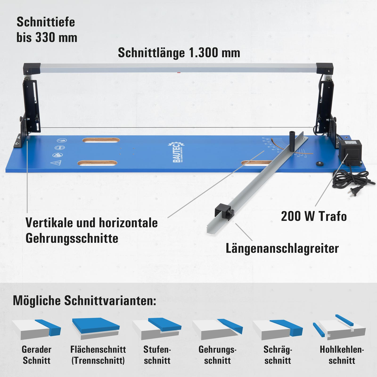Blaues und schwarzes Schneidwerkzeug. Zeigt mögliche Schneidevariationen und Messungen. Blau-weißes Farbschema.