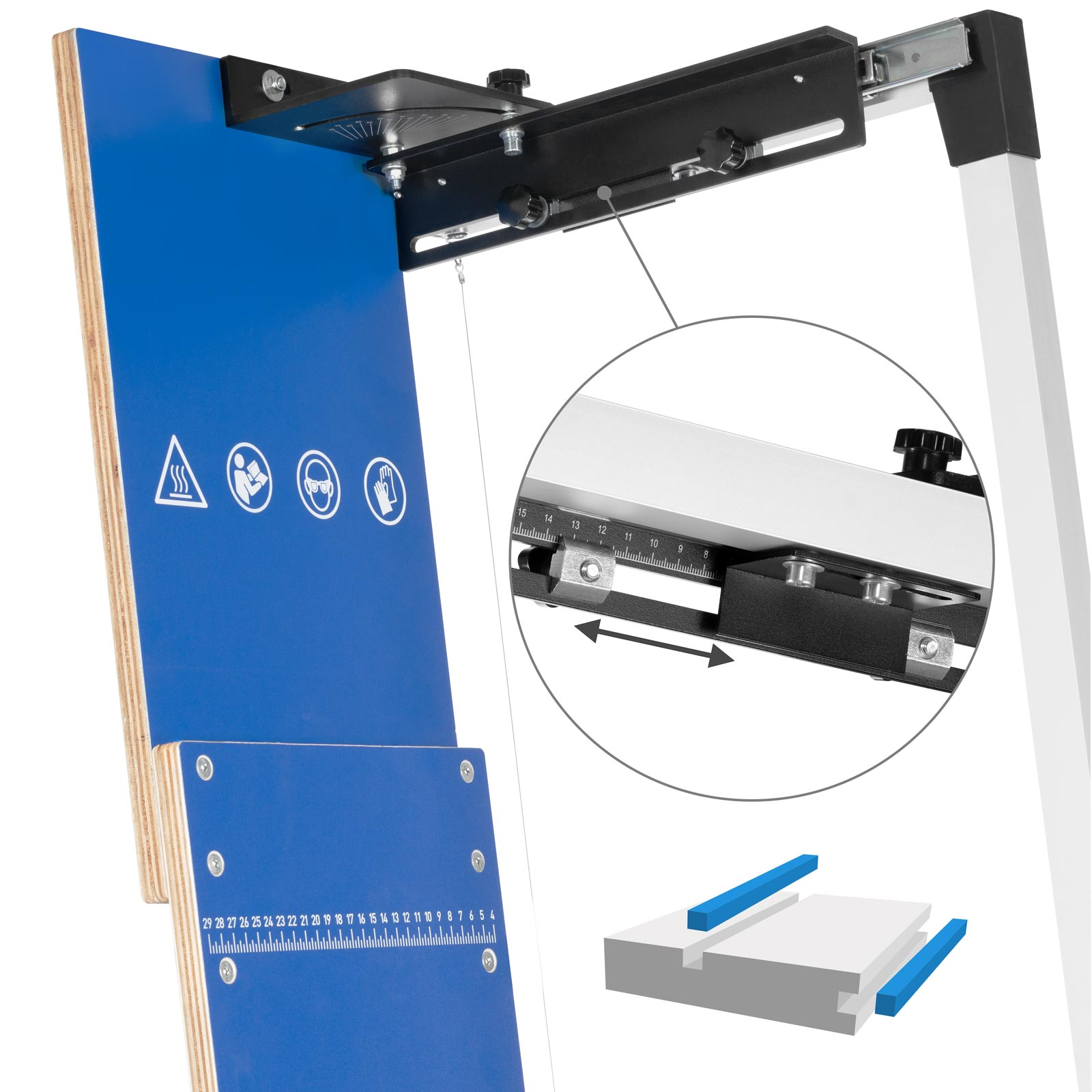 Blaue und hölzerne Komponenten einer Holzbearbeitungsmaschine mit Nahaufnahme einer Skala und Detailansicht.
