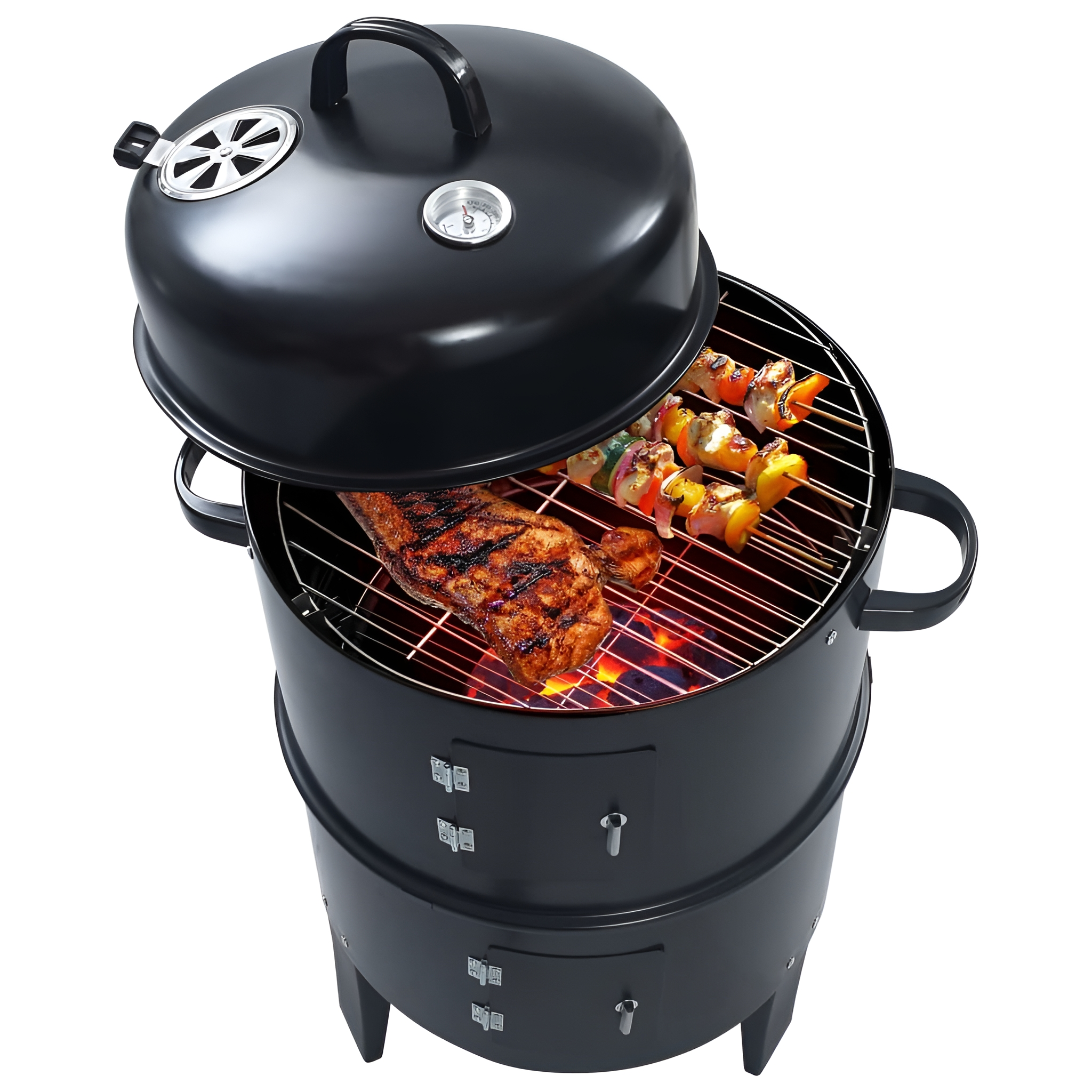 Schwarzer Grill mit offenem Deckel, zeigt Huhn und Spieße auf dem Grill. Flammen sichtbar.