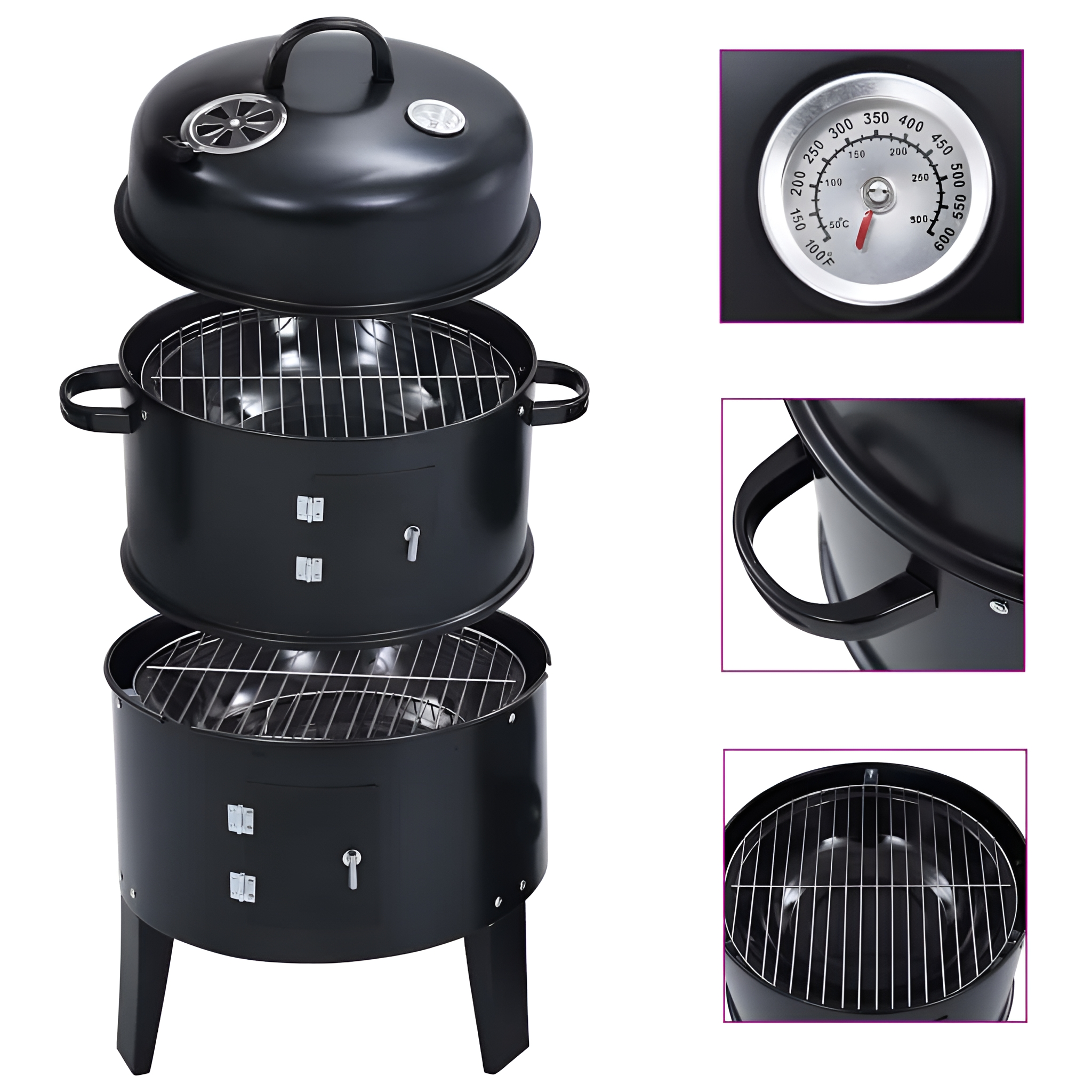 Schwarzer Smoker-Grill mit offenem Deckel, zeigt Roste und ein Thermometer.