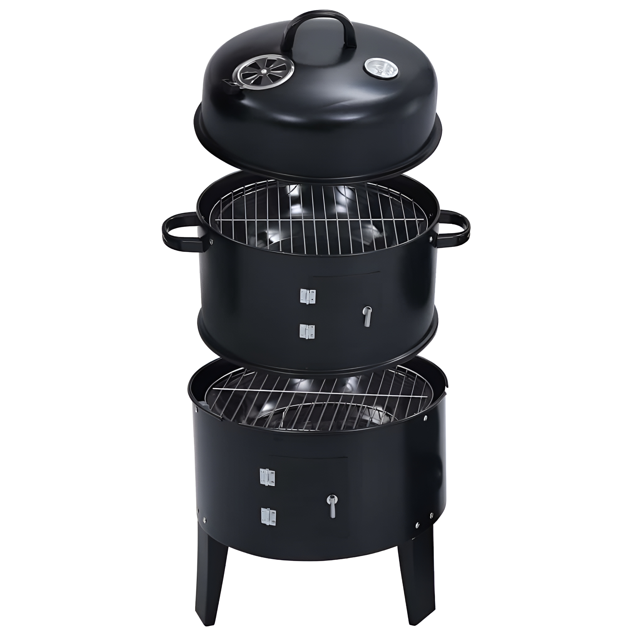 Ein schwarzer Smoker-Grill mit drei gestapelten Abschnitten und einem Deckel.