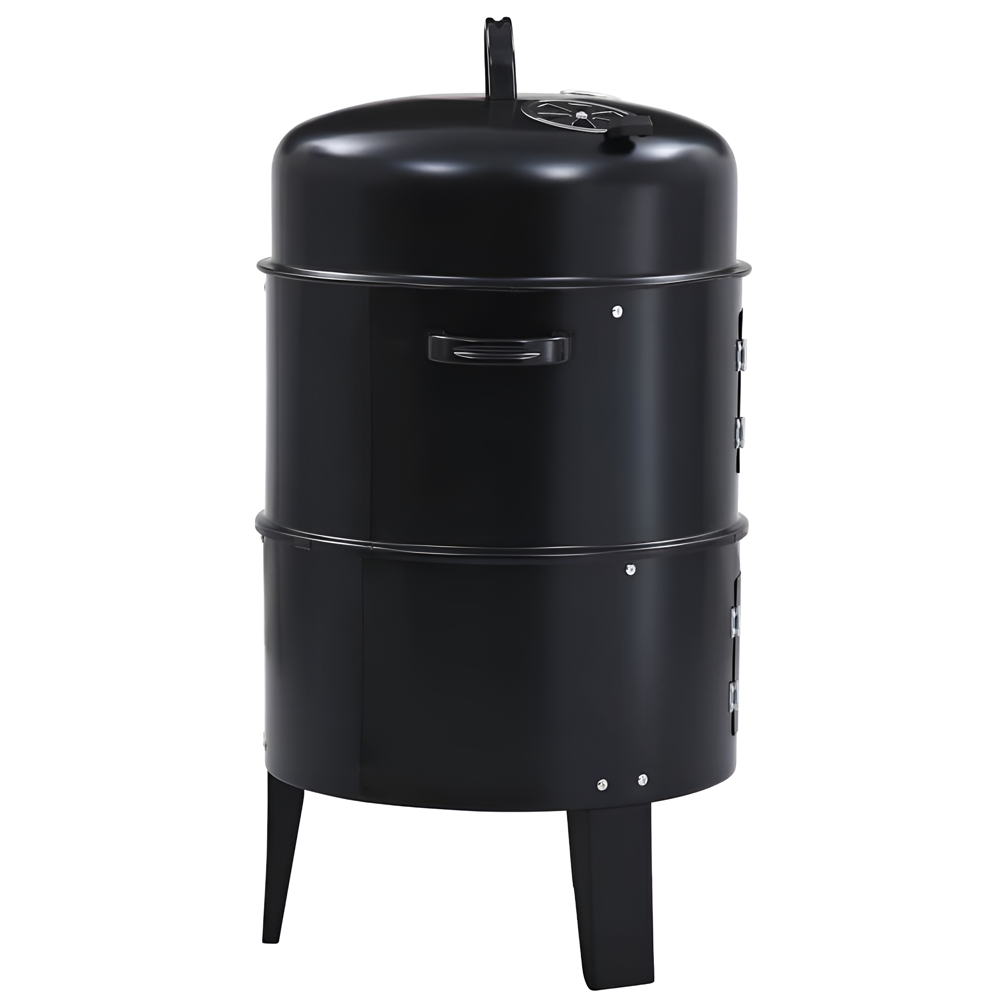 Schwarzer Smoker-Grill mit zwei Abschnitten und Beinen.