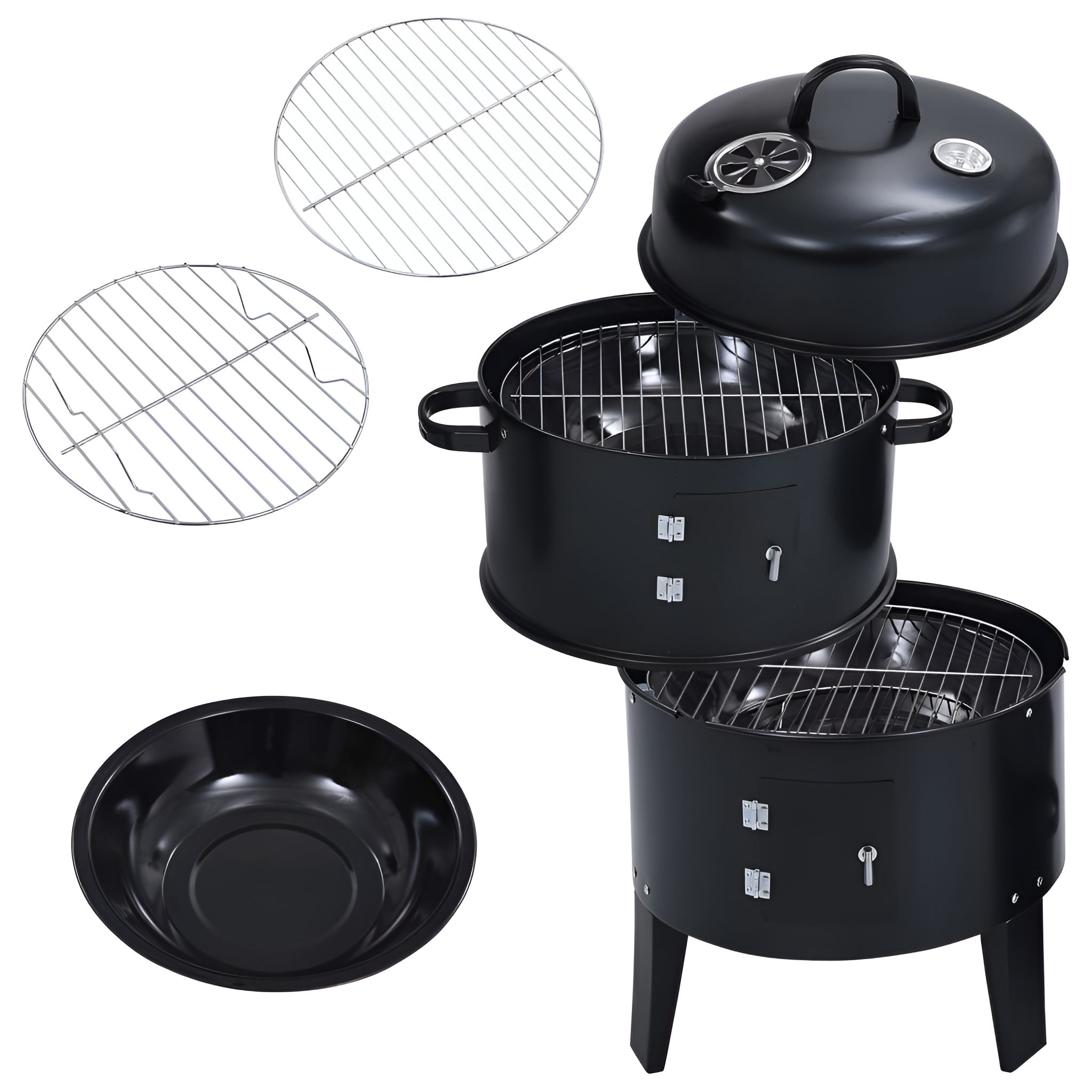 Schwarze Holzkohlegrillteile werden vor weißem Hintergrund angezeigt.