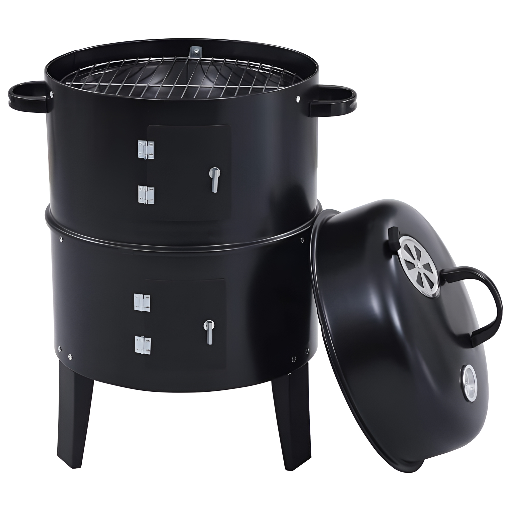 Schwarzer Smoker-Grill, zweistöckig mit offenem Deckel, mit Griffen, Türen und Lüftungen.