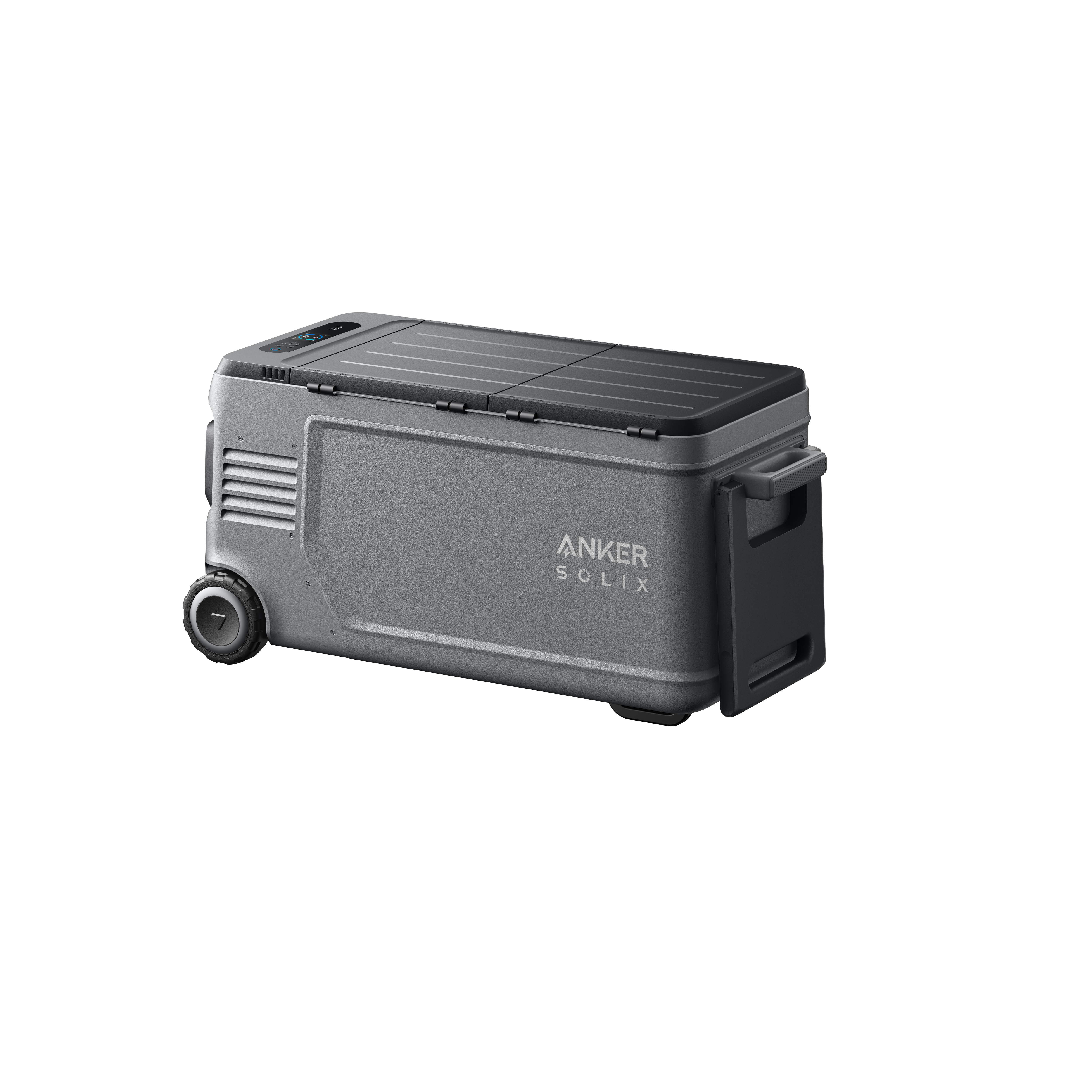 Szara chłodziarka Anker Solix z kółkami, uchwytem i czarną pokrywą. Na białym tle.