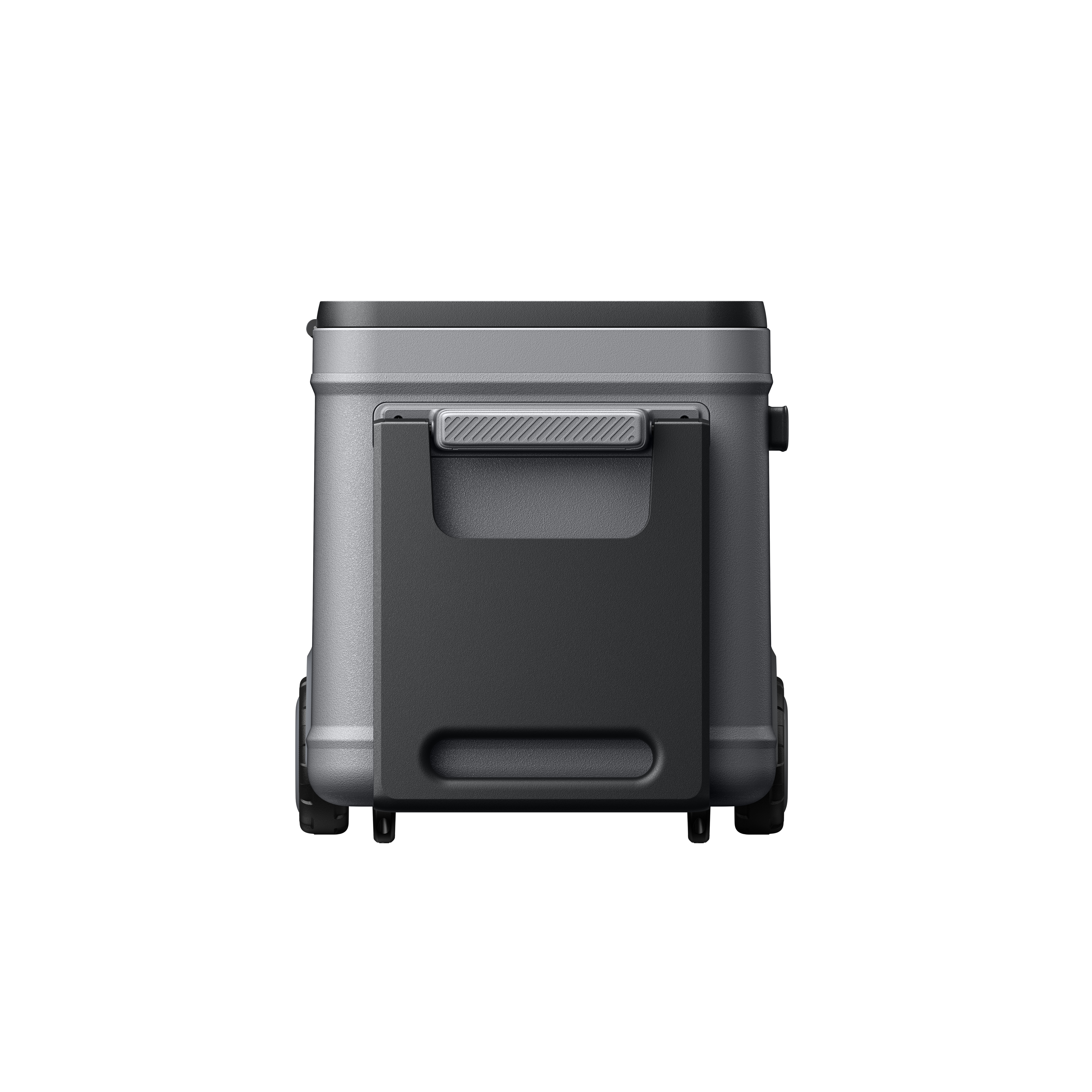 Szara, prostokątna chłodziarka z czarnym uchwytem i czarną klapą z przodu.