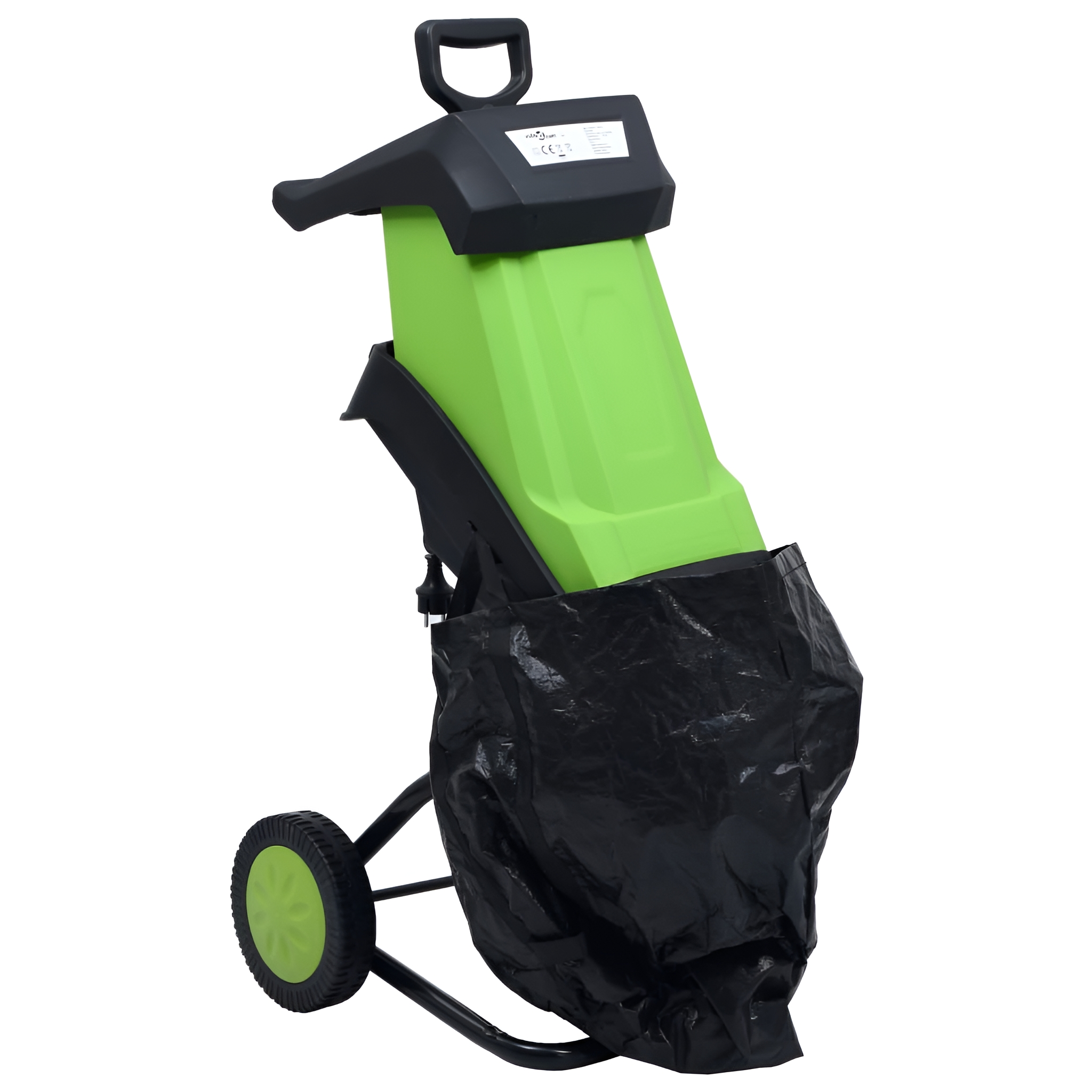 Ein grüner und schwarzer elektrischer Gartenhäcksler mit einem schwarzen Sammelsack.