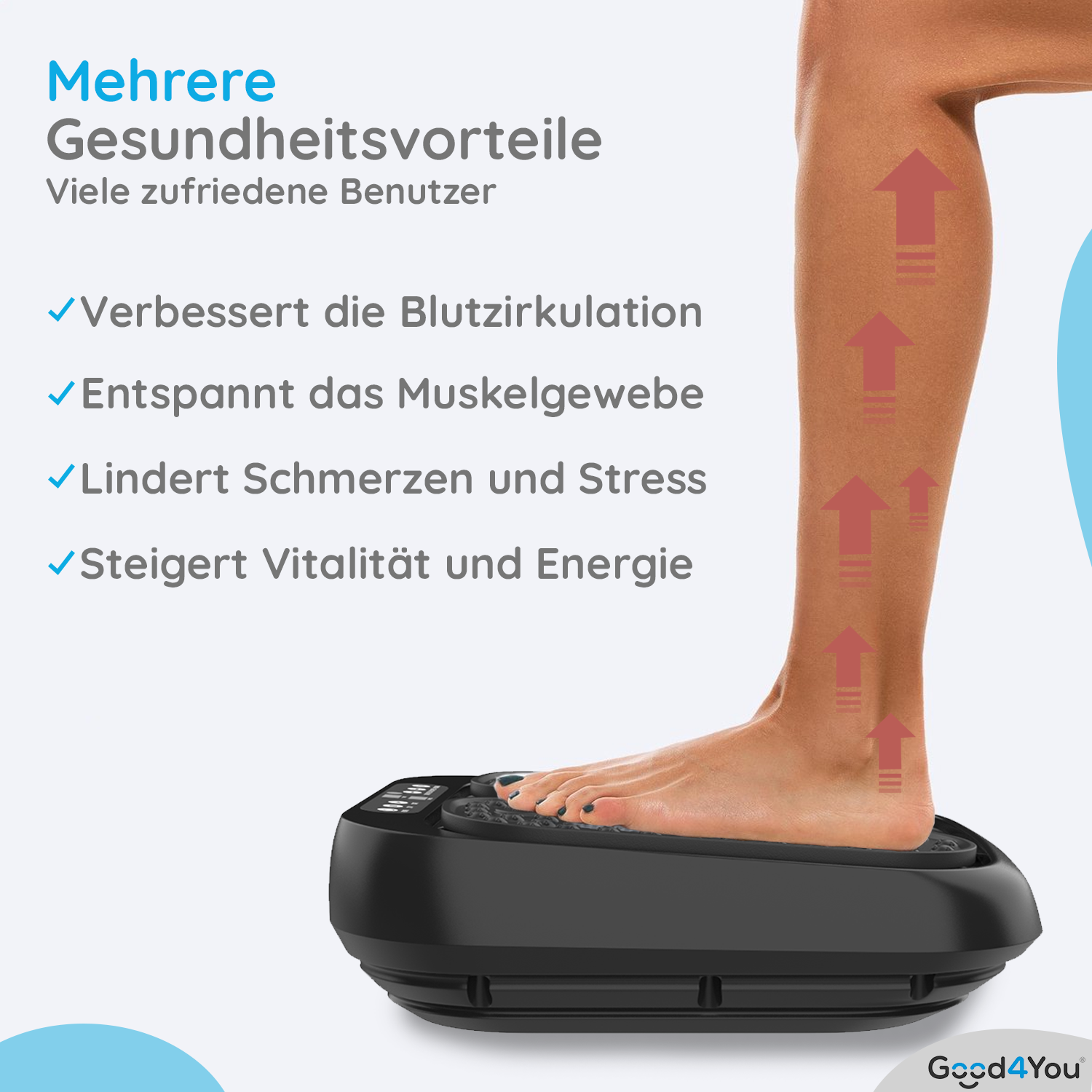 Ein Fuß auf einer schwarzen Vibrationsmaschine mit Pfeilen, die Vorteile zeigen: Kreislauf, Muskeln, Schmerz, Energie.