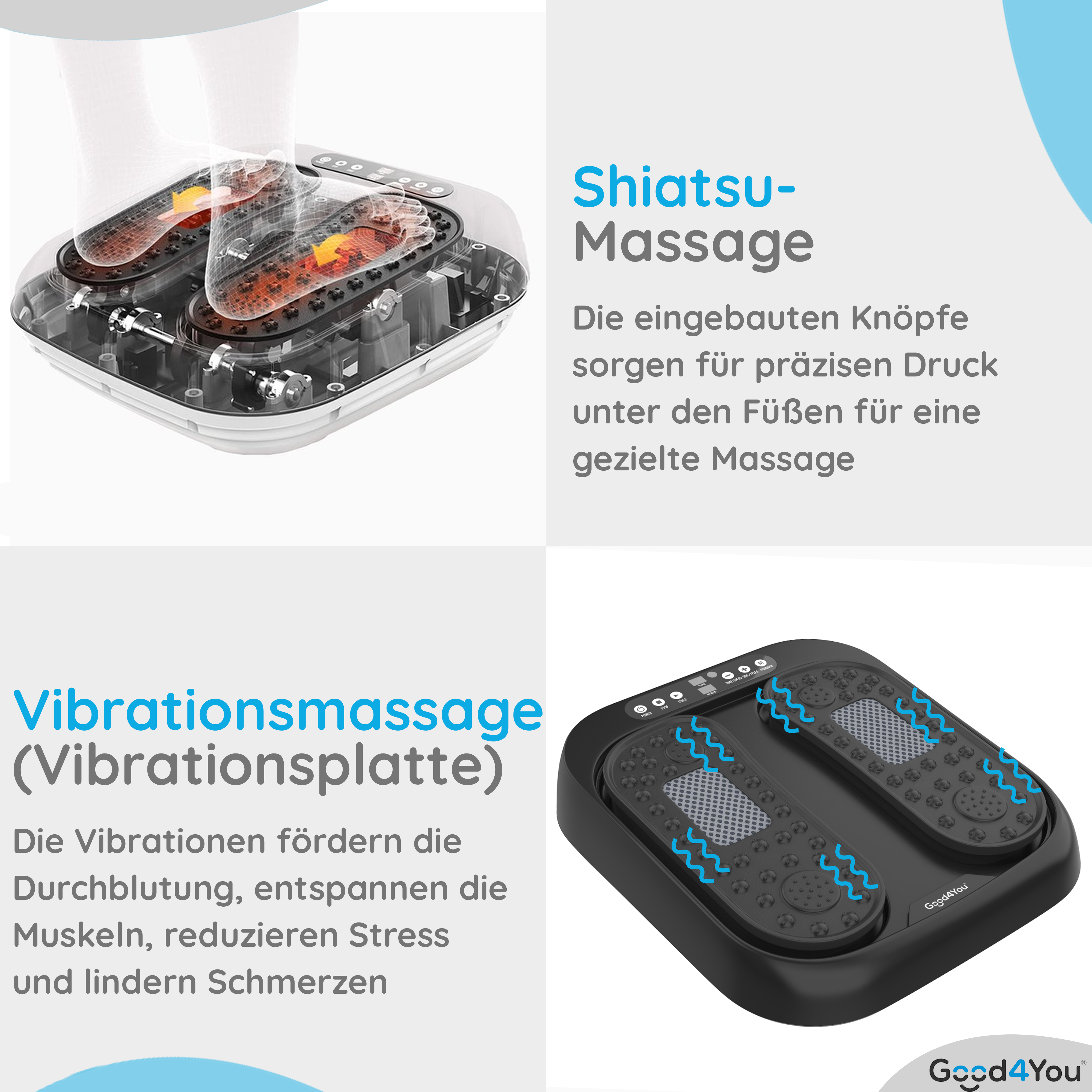 Fußmassagegerät mit Textbeschriftungen und Diagramm der Füße.