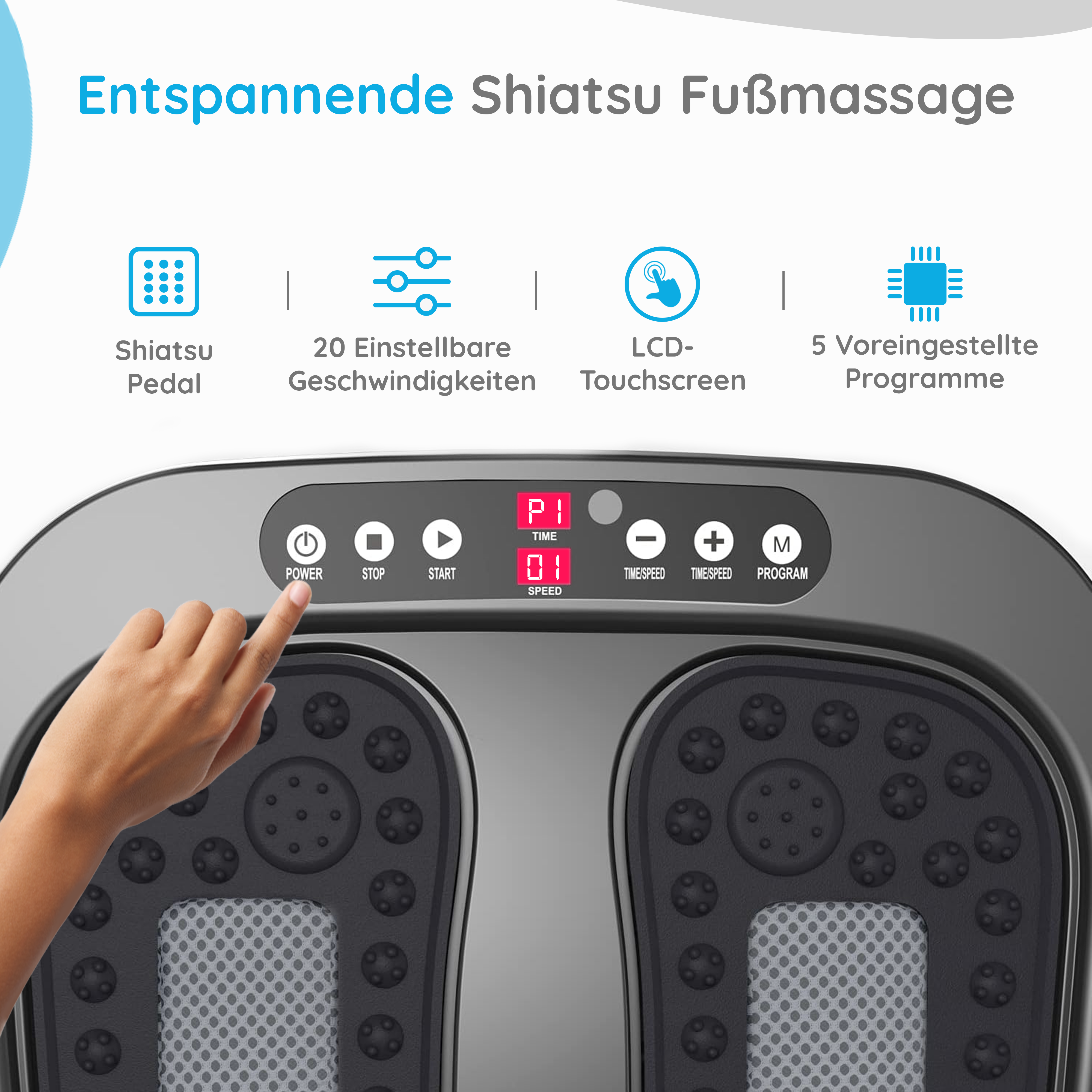 Fußmassagegerät mit einer Hand, die auf die Ein-/Aus-Taste zeigt.