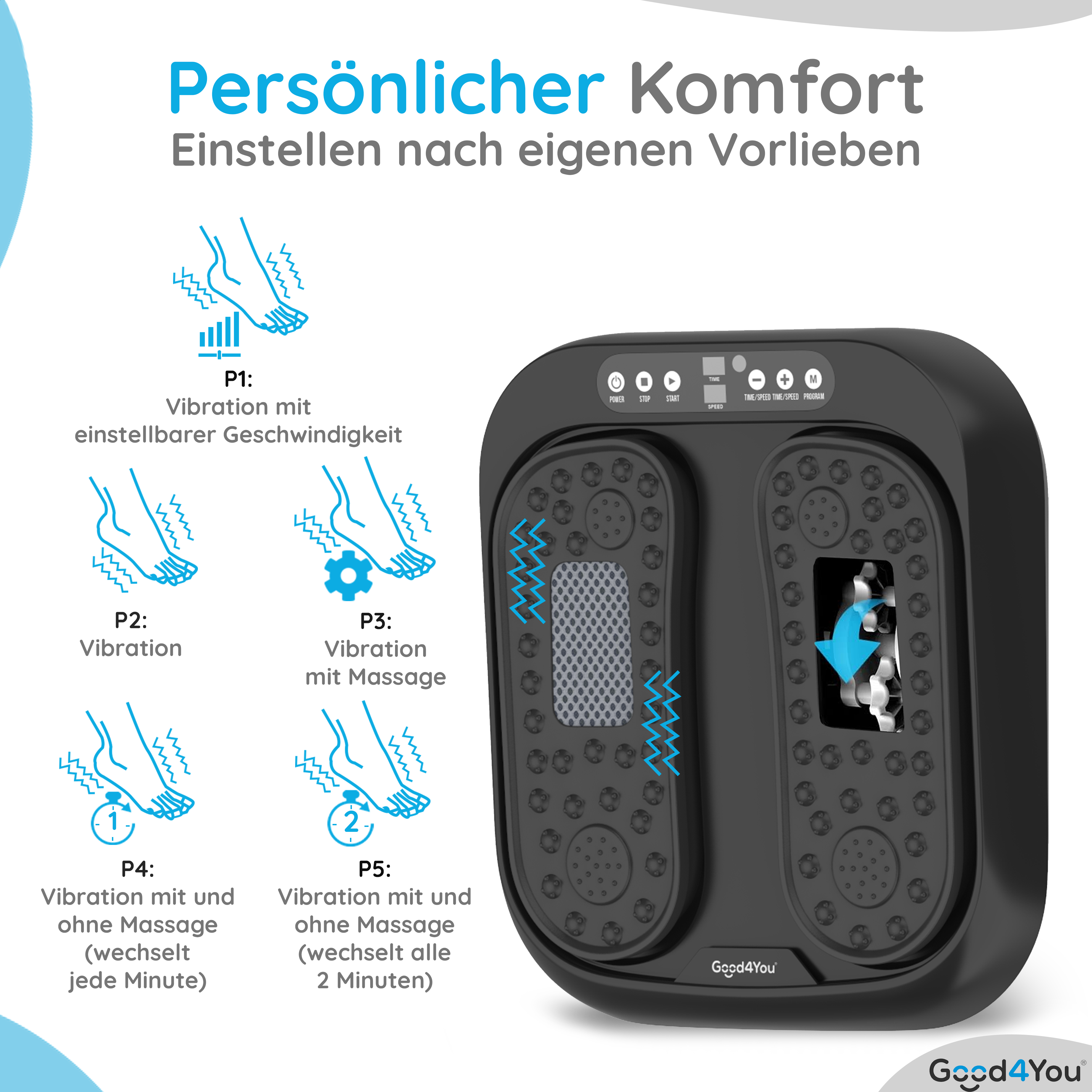 Ein schwarzes Fußmassagegerät mit Diagrammen, die Vibrationsmodi und Steuertasten zeigen.