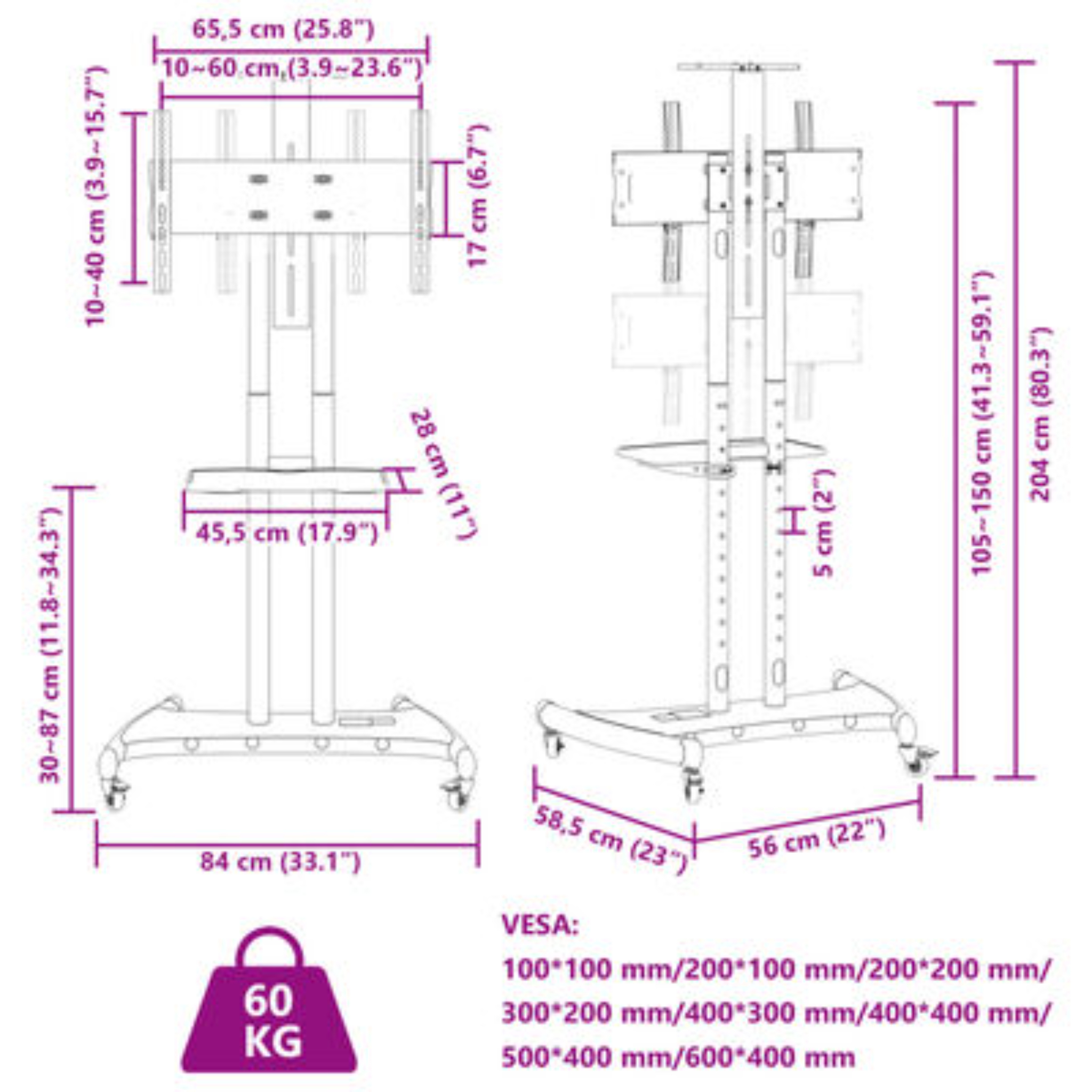 Diagramm eines TV-Ständers mit Abmessungen in cm und Zoll, einschließlich einer Tragfähigkeit von 60 kg.