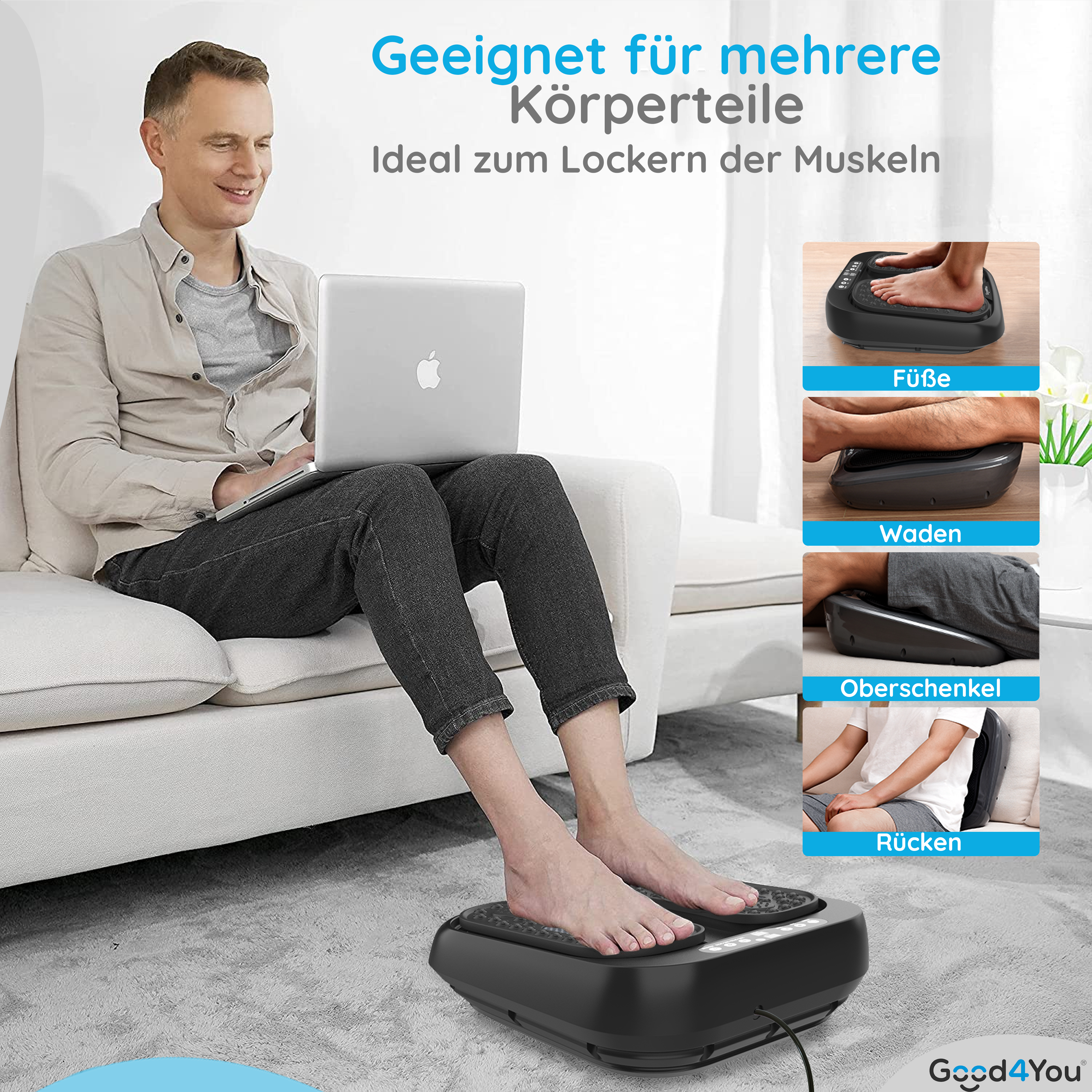 Ein Mann sitzt auf einem Sofa und benutzt einen Laptop, vor ihm ein schwarzes Fußmassagegerät.
