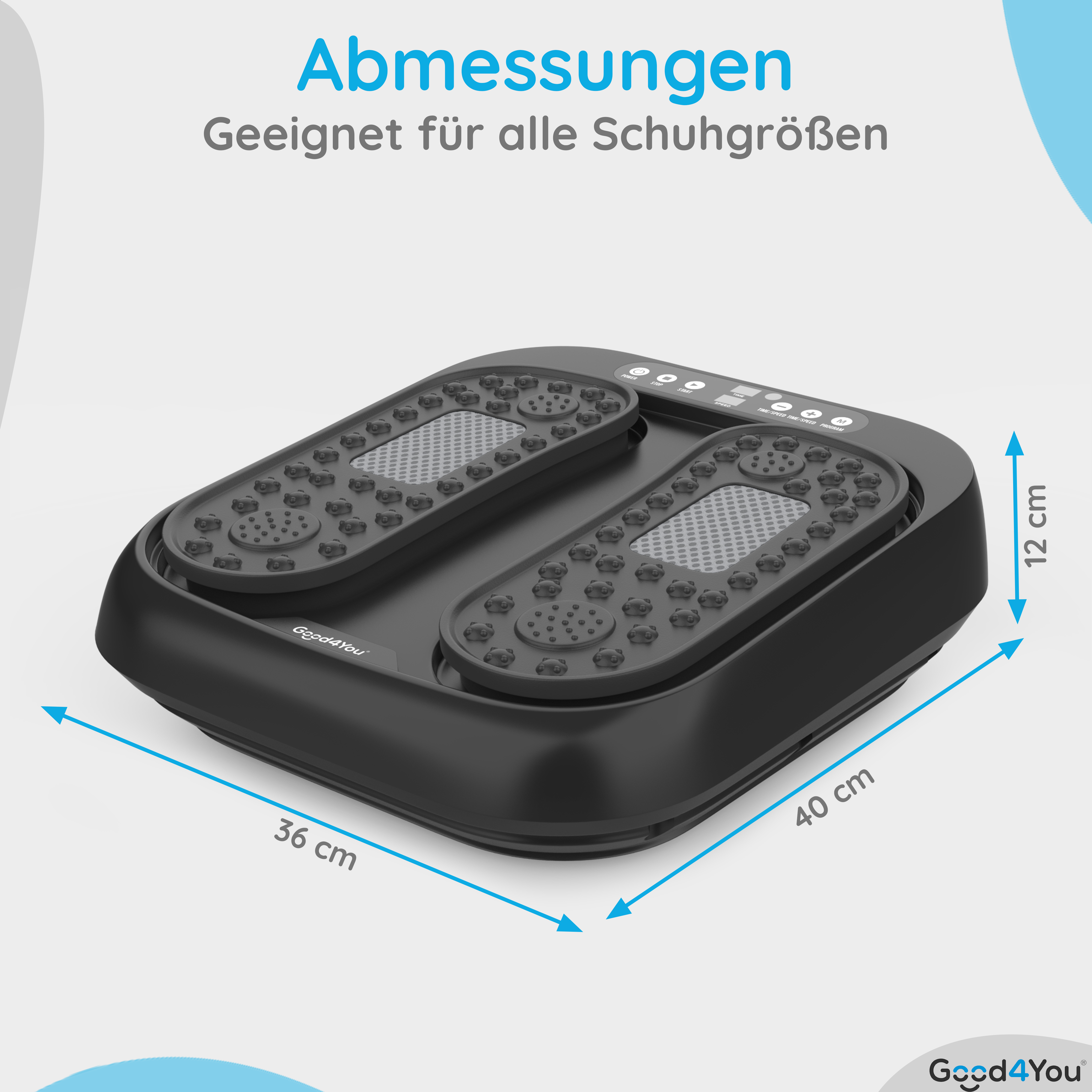 Schwarzes Fußmassagegerät mit Beschriftung der Abmessungen. Für alle Schuhgrößen geeignet.