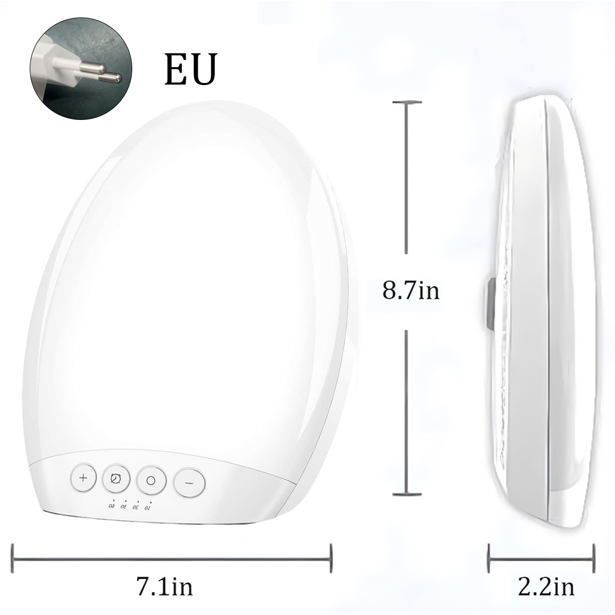 Weiße Lichttherapielampe mit Abmessungen und EU-Stecker.