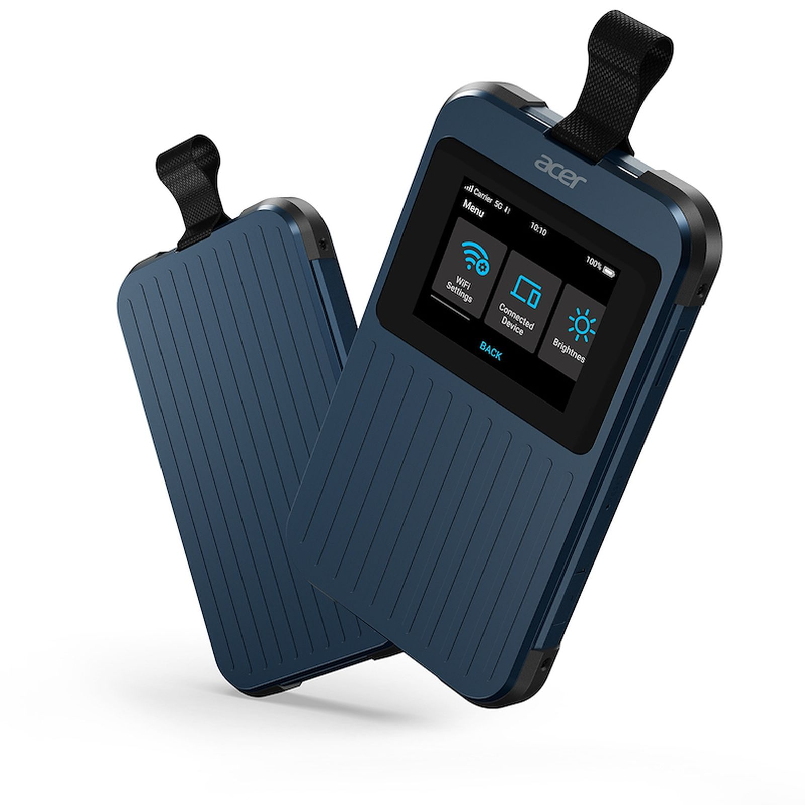 Zwei blaue mobile WLAN-Geräte von Acer mit Bildschirmen, die Einstellungen und Konnektivitätsoptionen anzeigen.