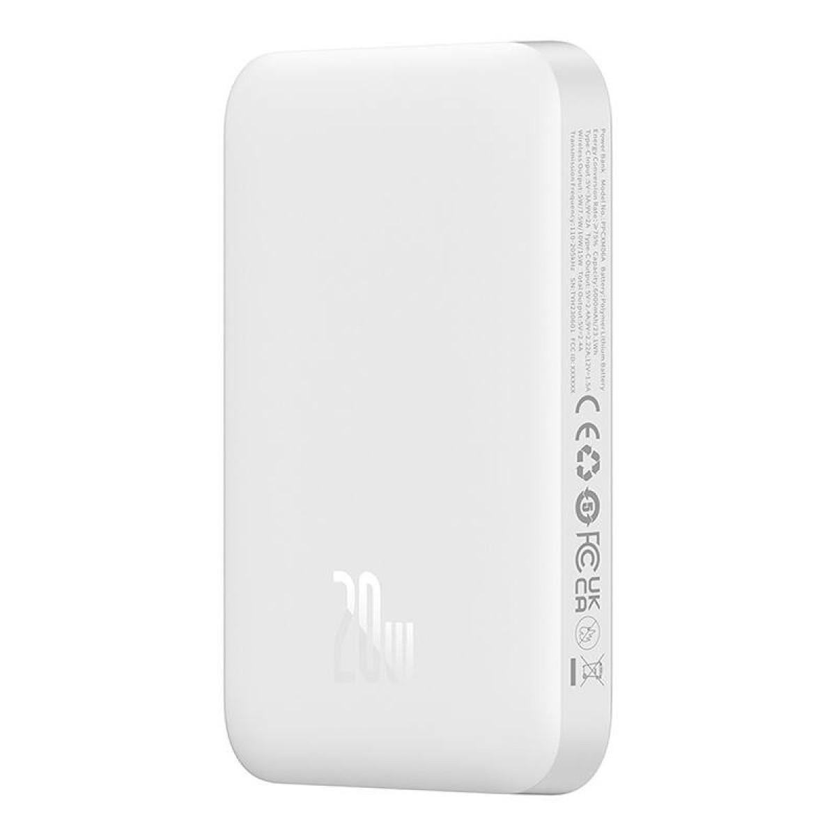 Biały, prostokątny power bank z etykietą 20W i różnymi symbolami regulacyjnymi i tekstem.