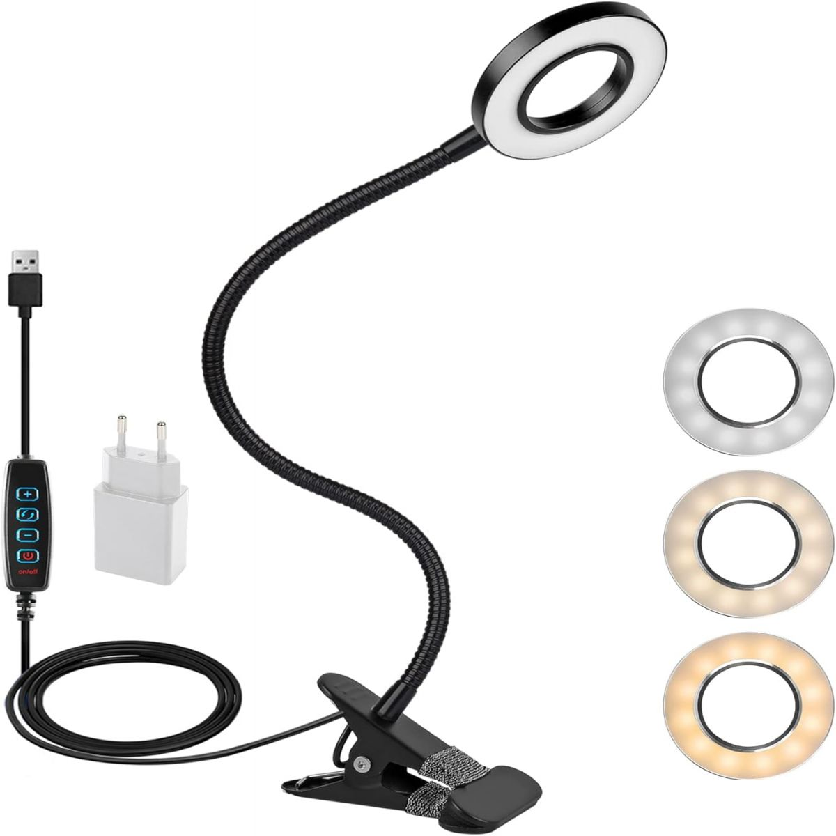 Schwarzes Ringlicht mit verstellbarem Schwanenhals, USB-Stromversorgung und Telefonclip. Drei Lichteinstellungen.