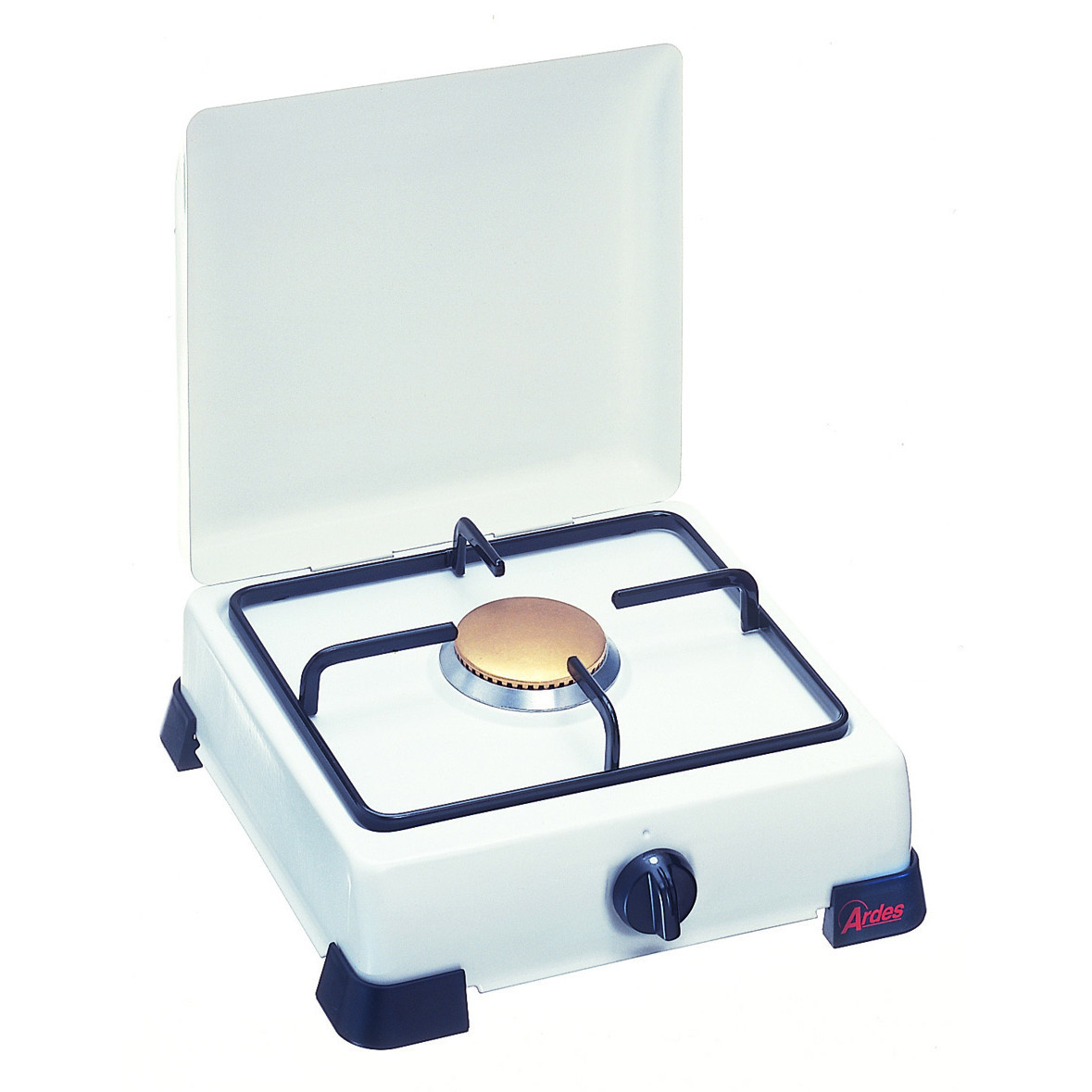 Fornello a gas portatile bianco con manopola nera e telaio nero, con coperchio aperto.